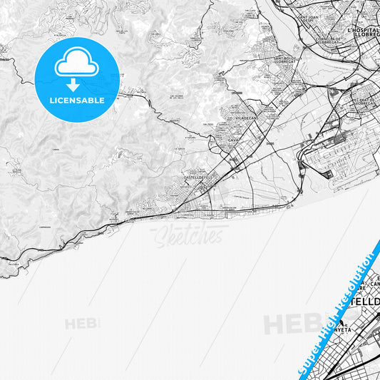 Castelldefels, Spain light map with streetnames, citynames and districts