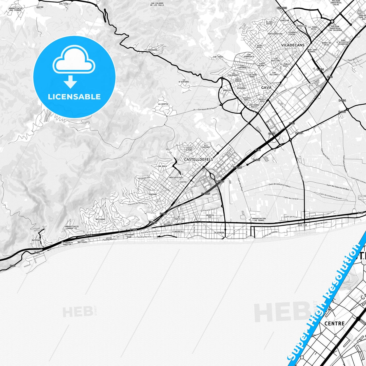 Castelldefels, Spain Light Map with Street Names, City Names, and Districts