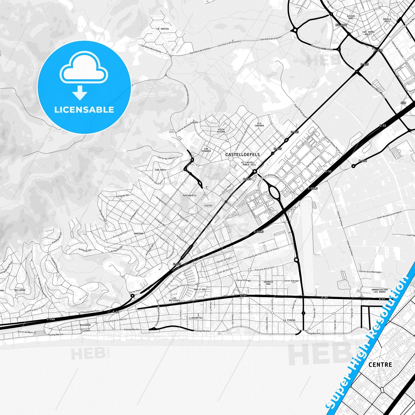 Castelldefels, Spain Light Map with Street Names, City Names, and Districts