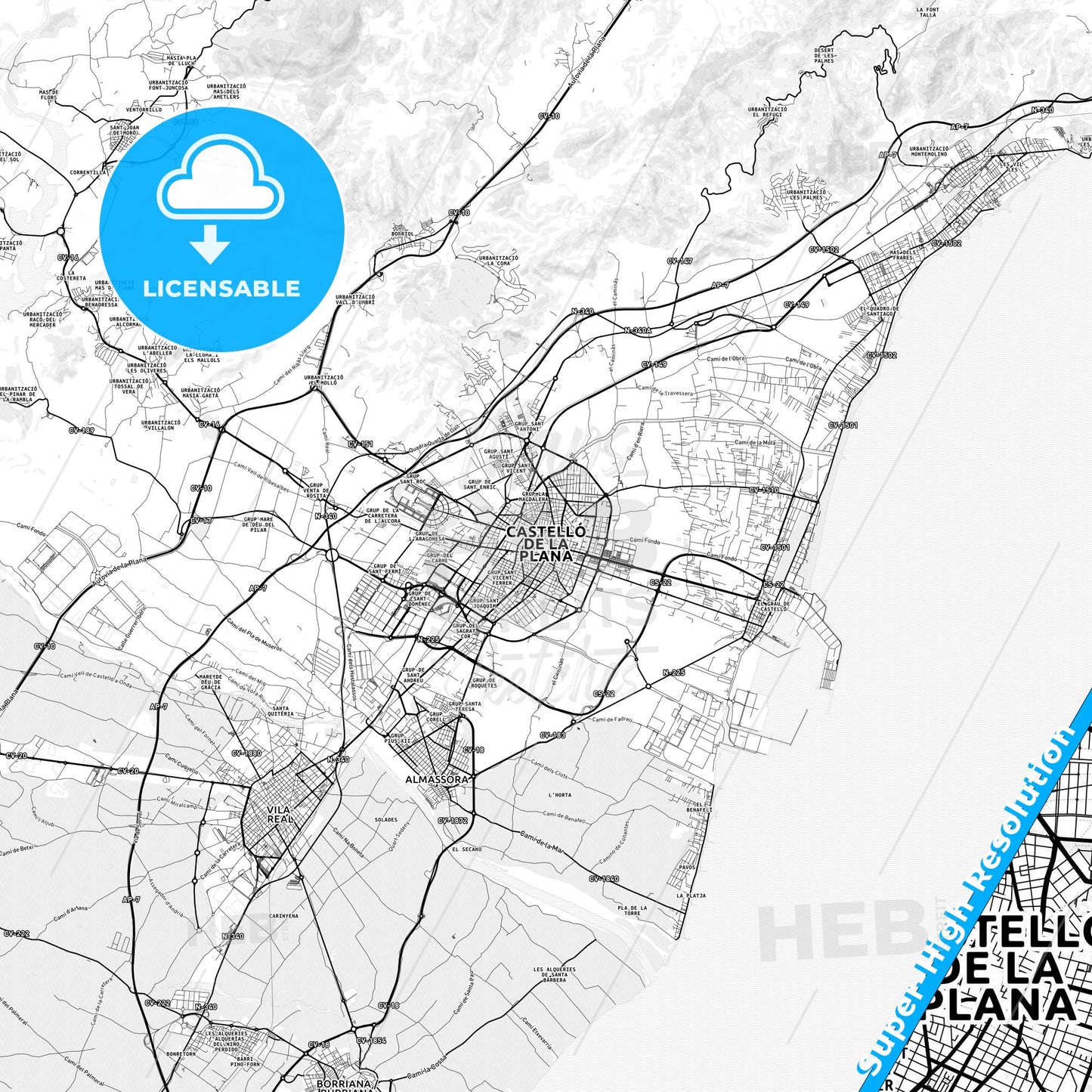 Castelló de la Plana, Spain light map with streetnames, citynames and districts