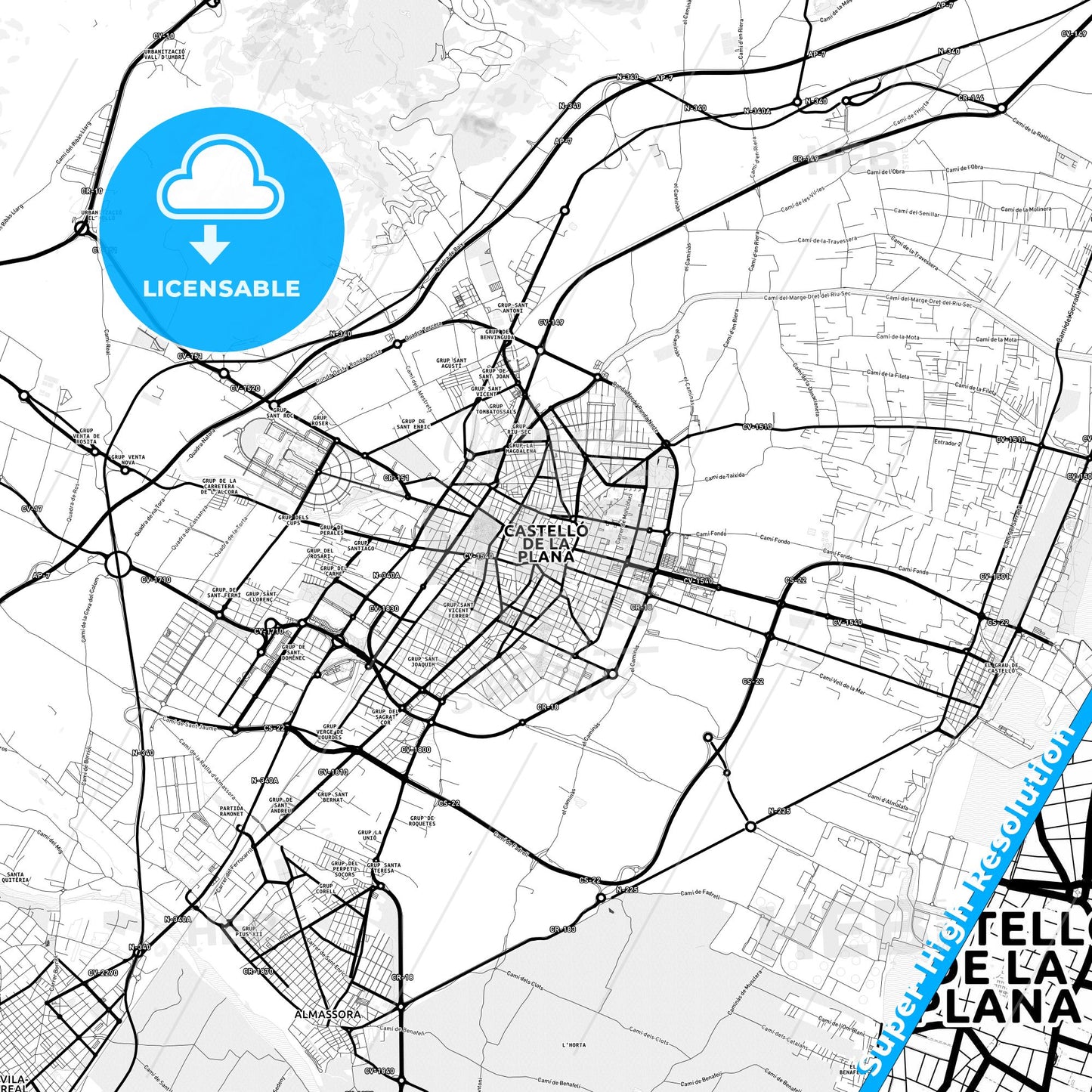 Castelló de la Plana, Spain Light Map with Street Names, City Names, and Districts