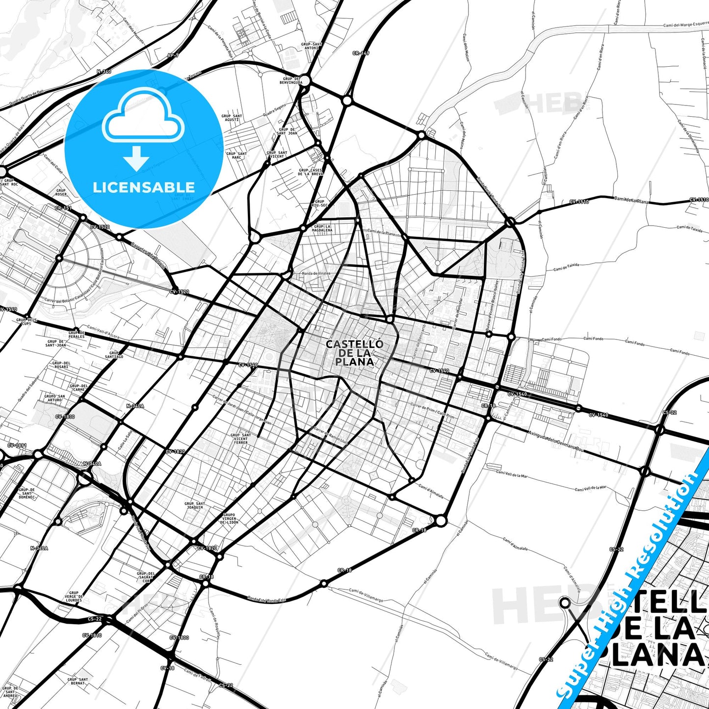 Castelló de la Plana, Spain Light Map with Street Names, City Names, and Districts