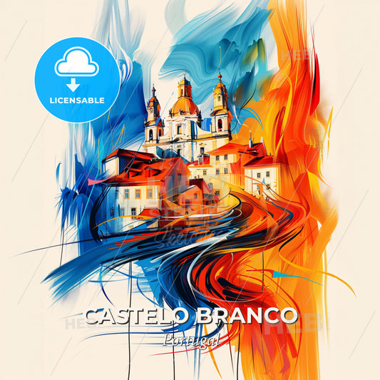 Vibrant Castelo Branco, Portugal - A Painting Of A Building With A Colorful Background - Square format print template