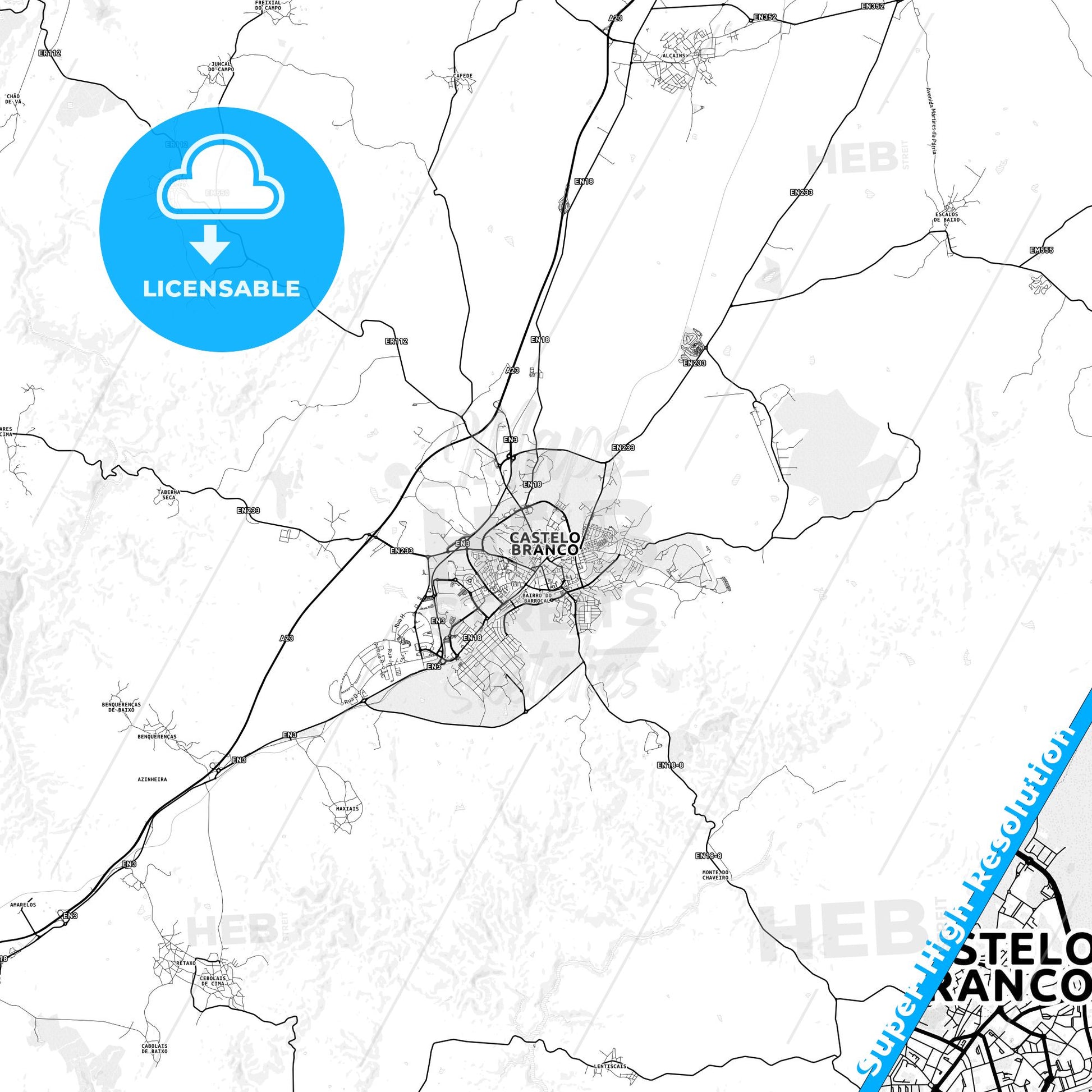 Castelo Branco, Portugal light map with streetnames, citynames and districts