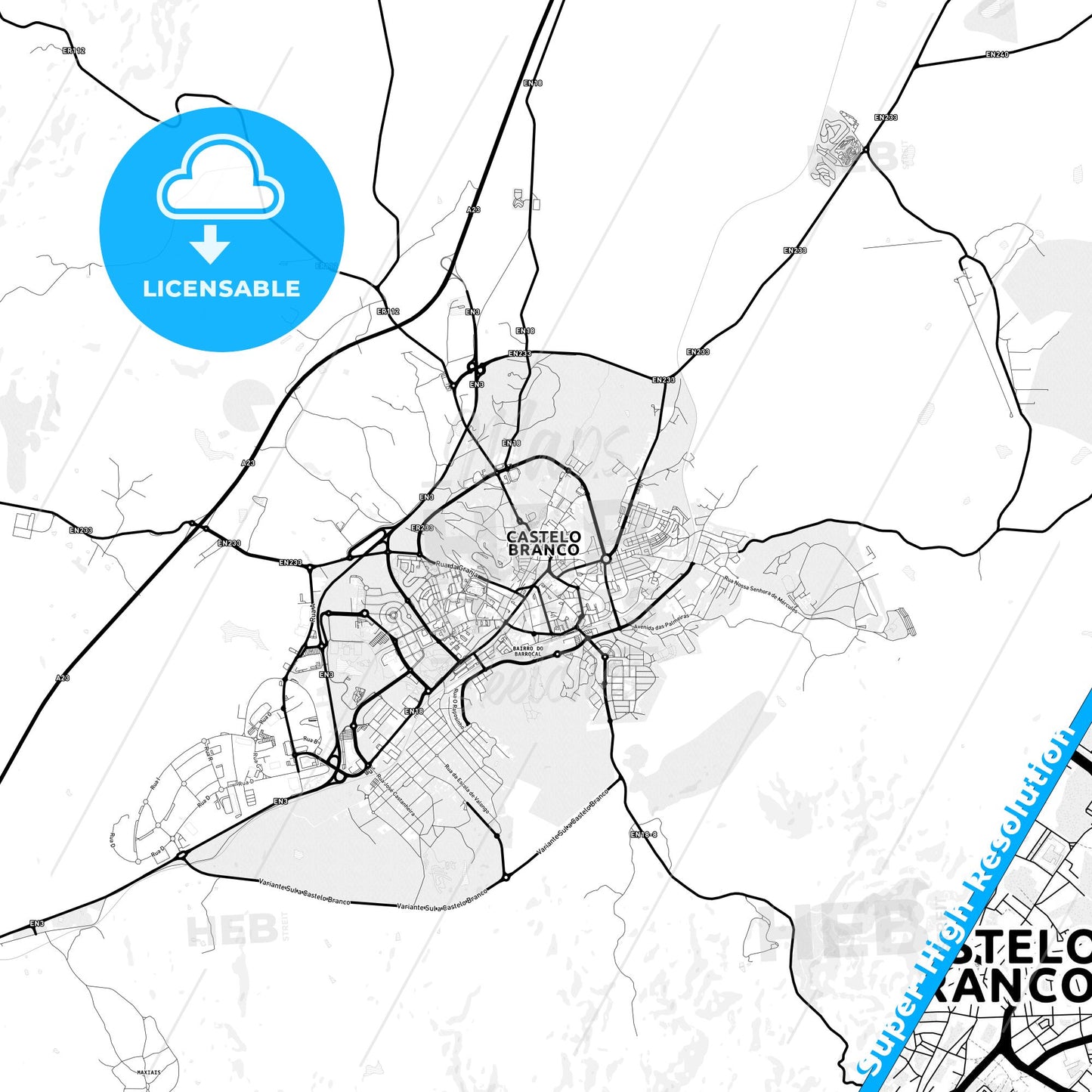 Castelo Branco, Portugal Light Map with Street Names, City Names, and Districts