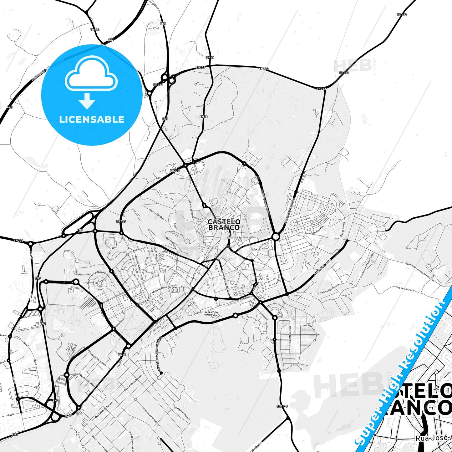 Castelo Branco, Portugal Light Map with Street Names, City Names, and Districts