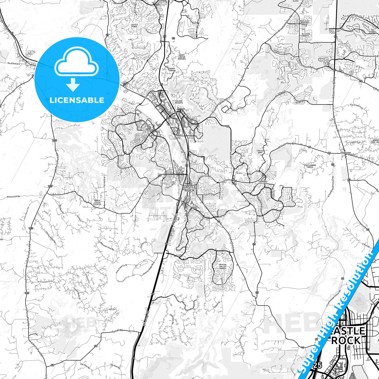Castle Rock, Colorado light map with streetnames, citynames and districts