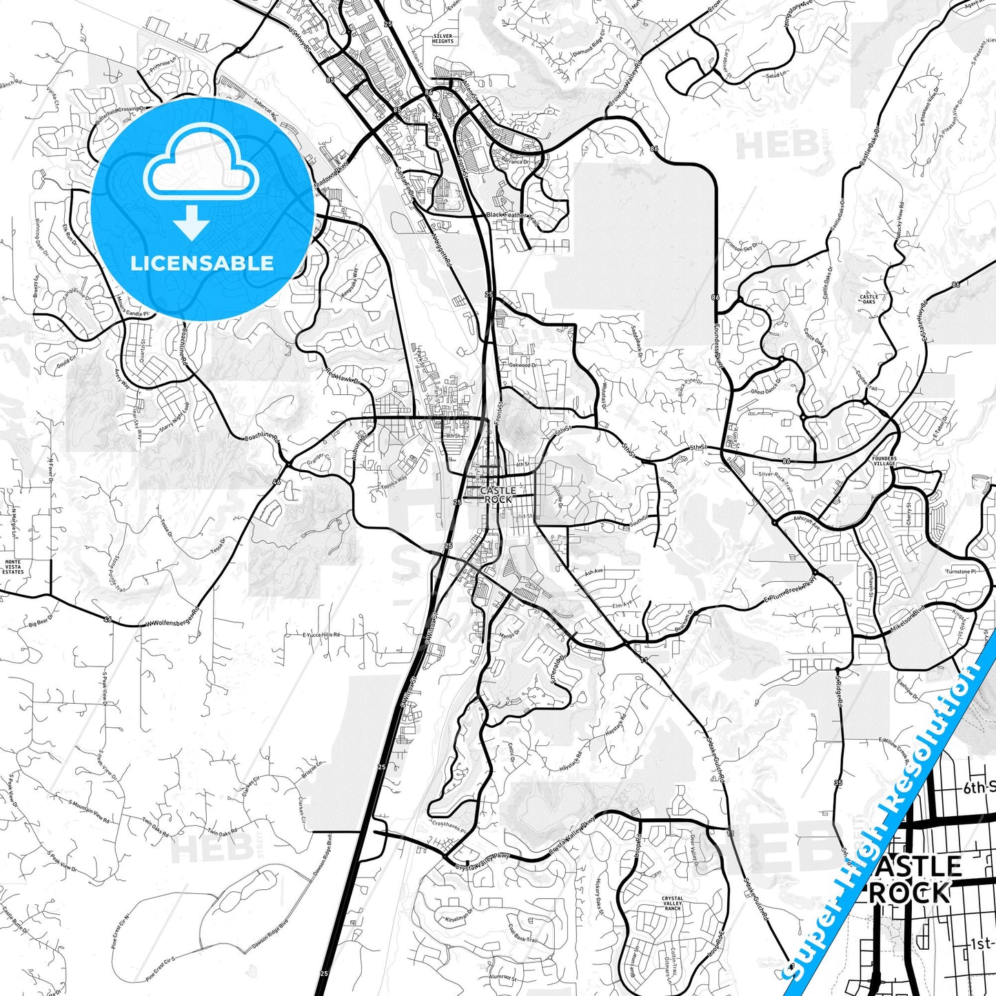 Castle Rock, Colorado Light Map with Street Names, City Names, and Districts