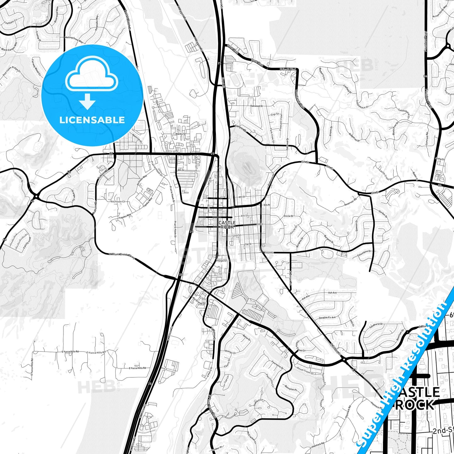 Castle Rock, Colorado Light Map with Street Names, City Names, and Districts