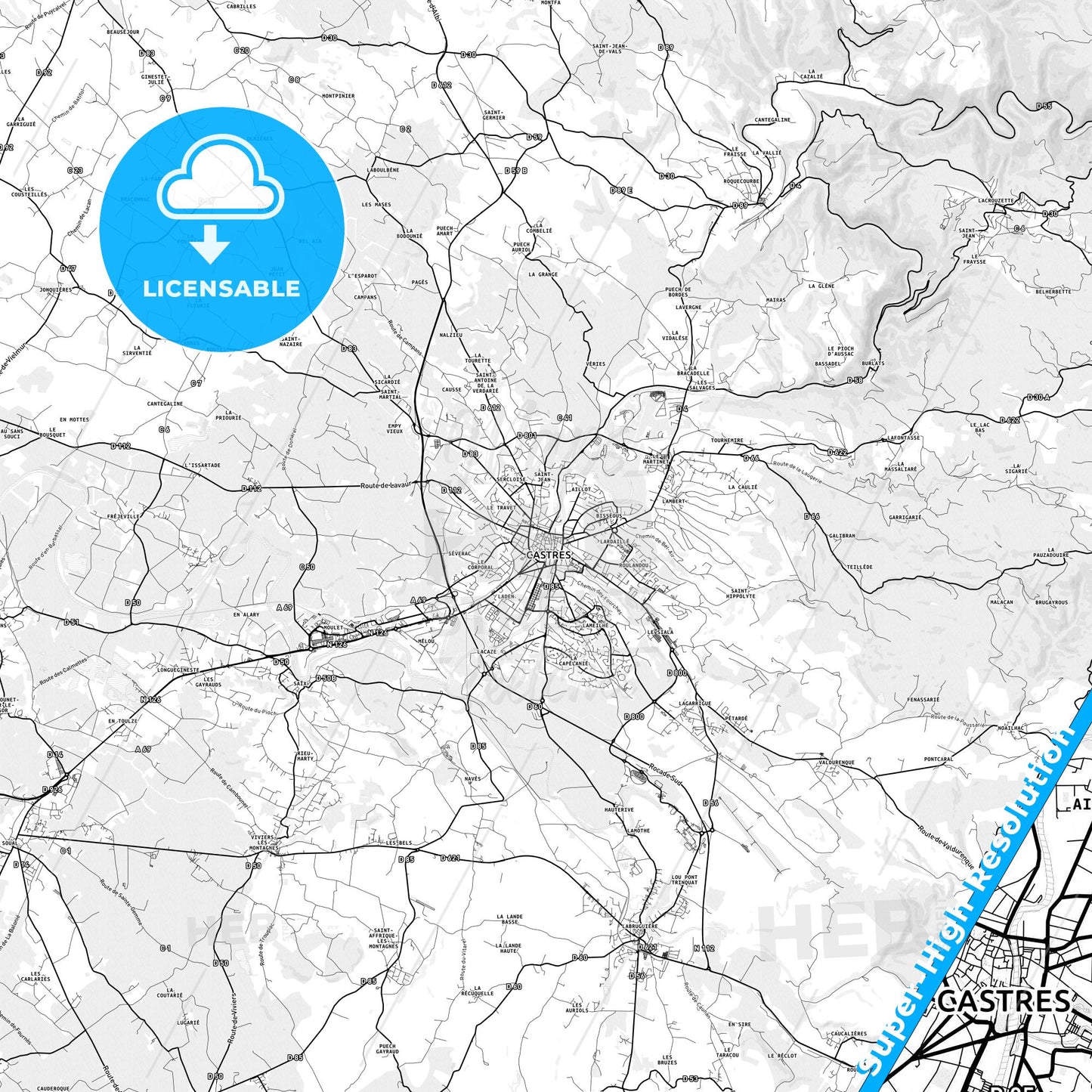 Castres, France light map with streetnames, citynames and districts