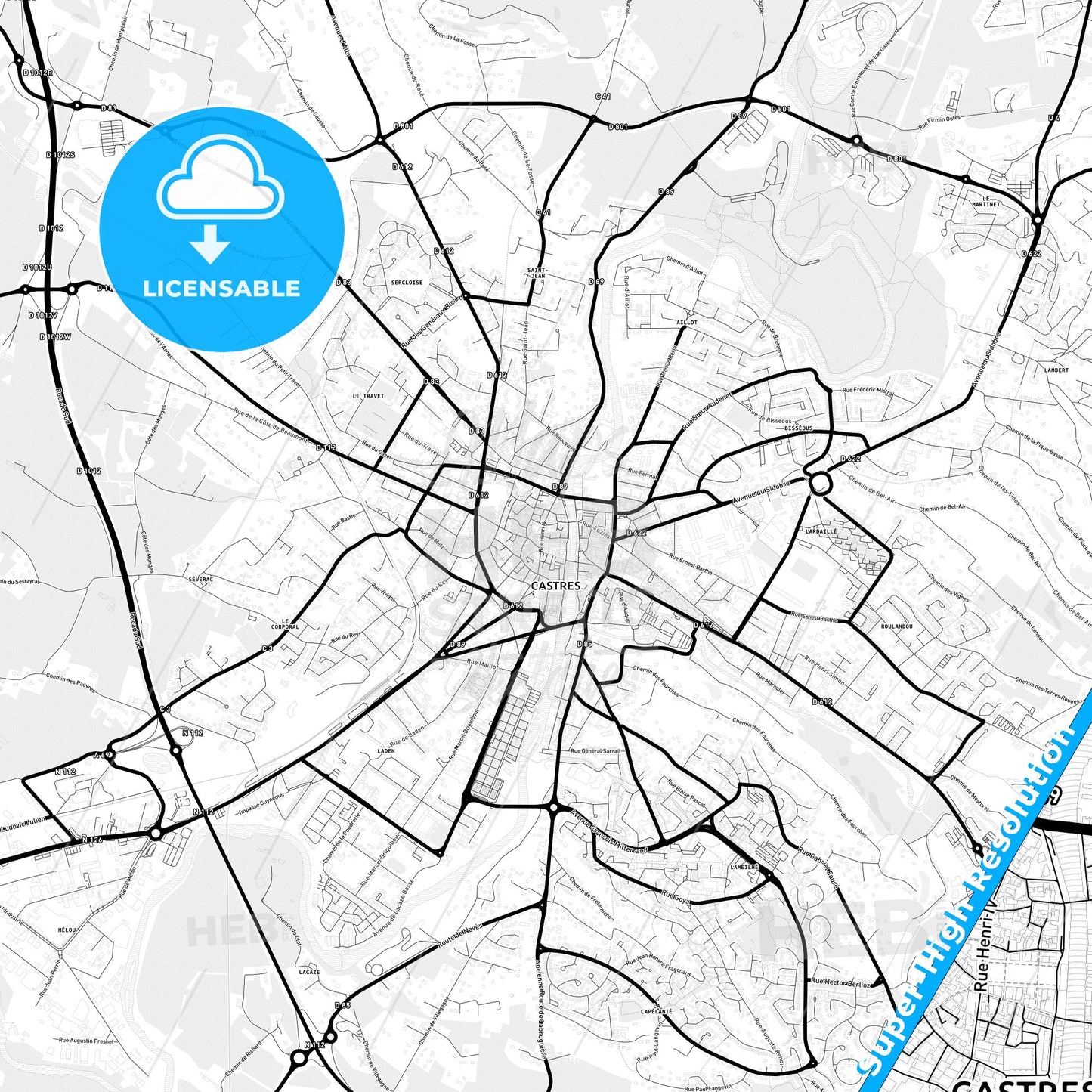 Castres, France Light Map with Street Names, City Names, and Districts