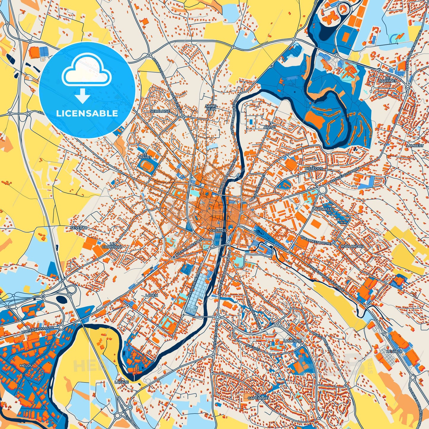 Colorful Castres Street Map with Labels and Buildings