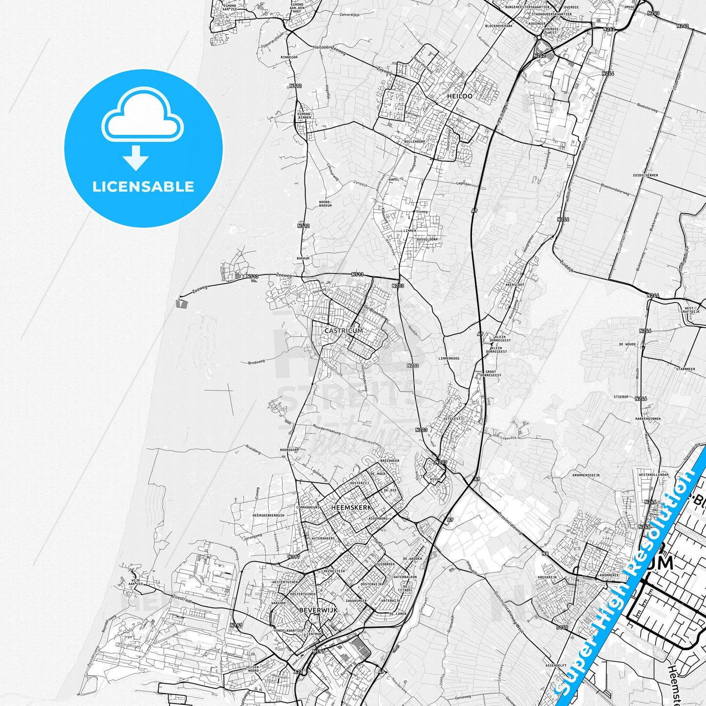 Castricum, Netherlands light map with streetnames, citynames and districts