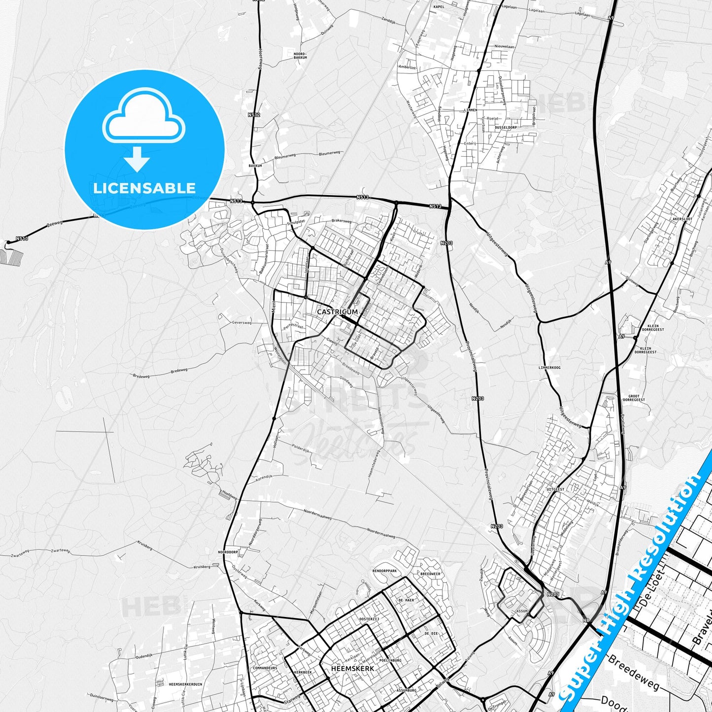 Castricum, Netherlands Light Map with Street Names, City Names, and Districts