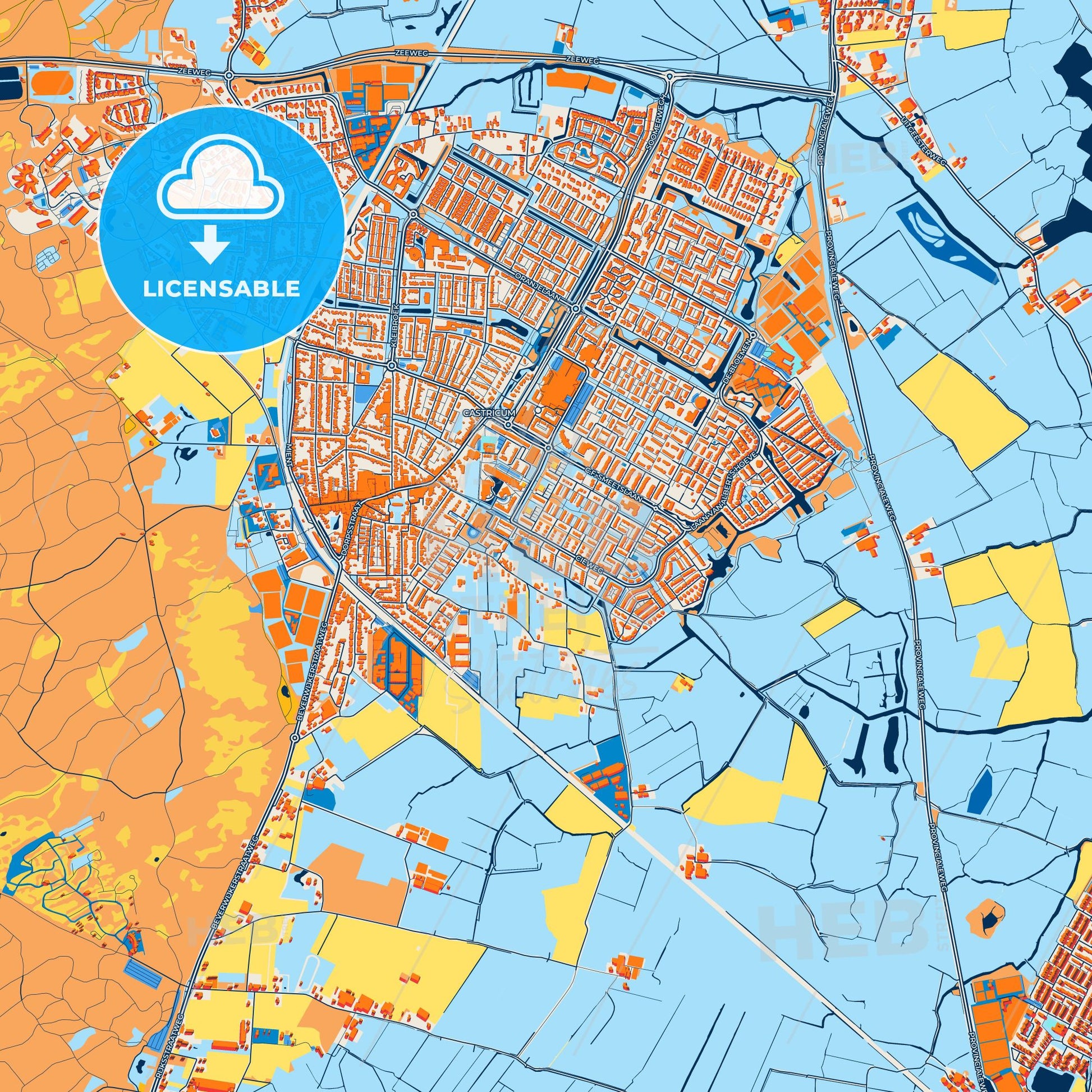 Colorful Castricum Street Map with Labels and Buildings