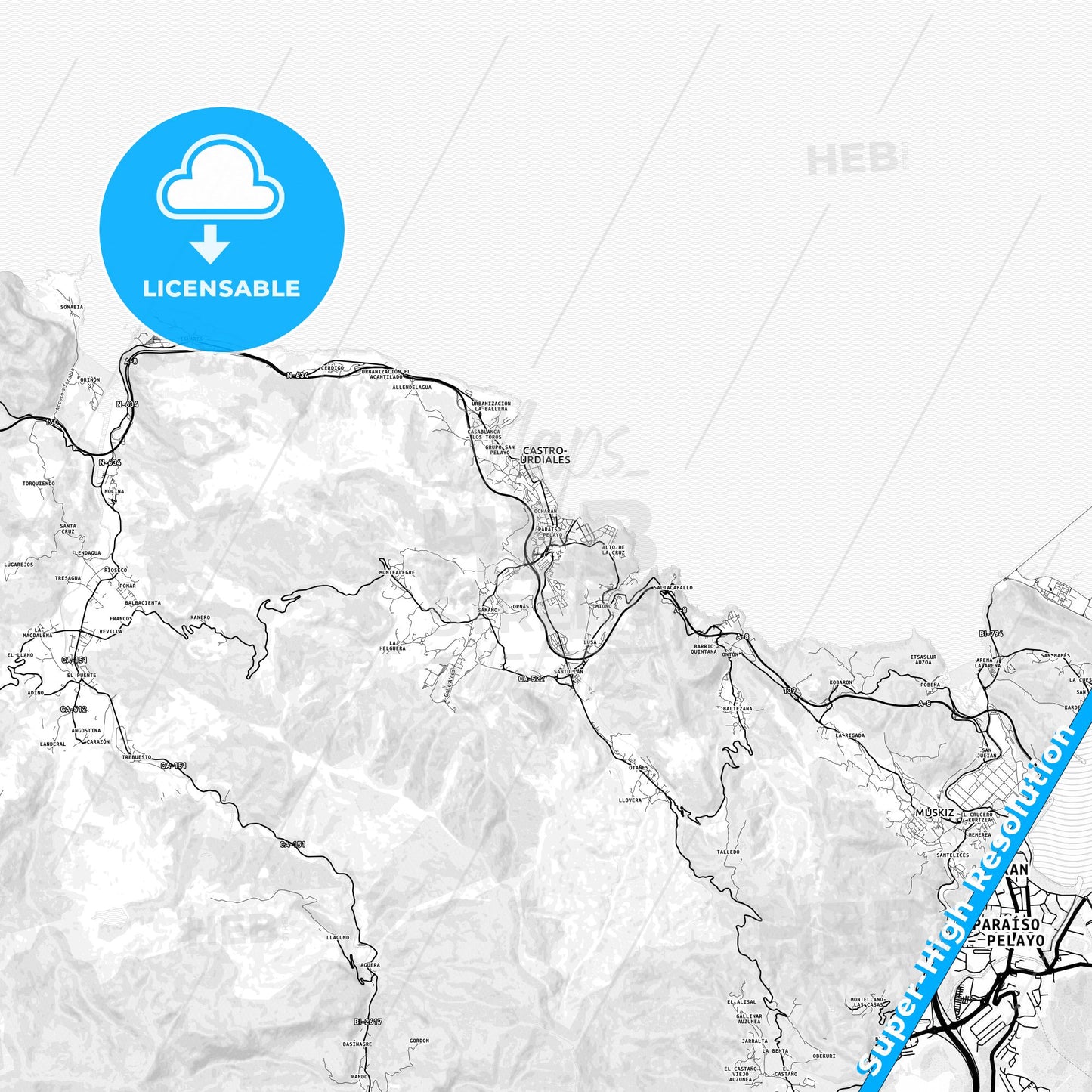 Castro-Urdiales, Spain light map with streetnames, citynames and districts