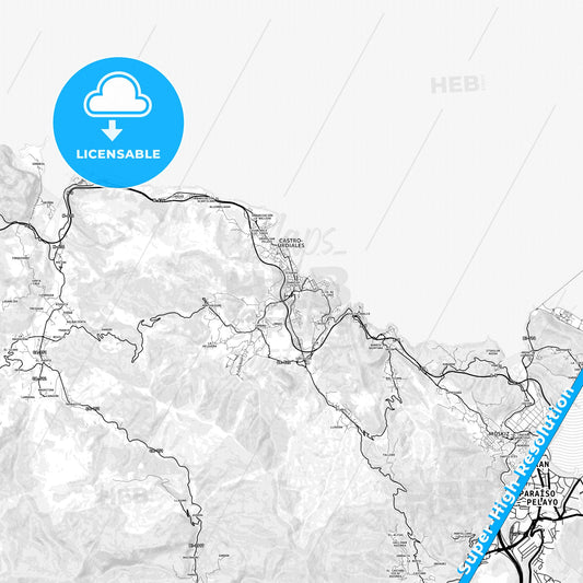 Castro-Urdiales, Spain light map with streetnames, citynames and districts