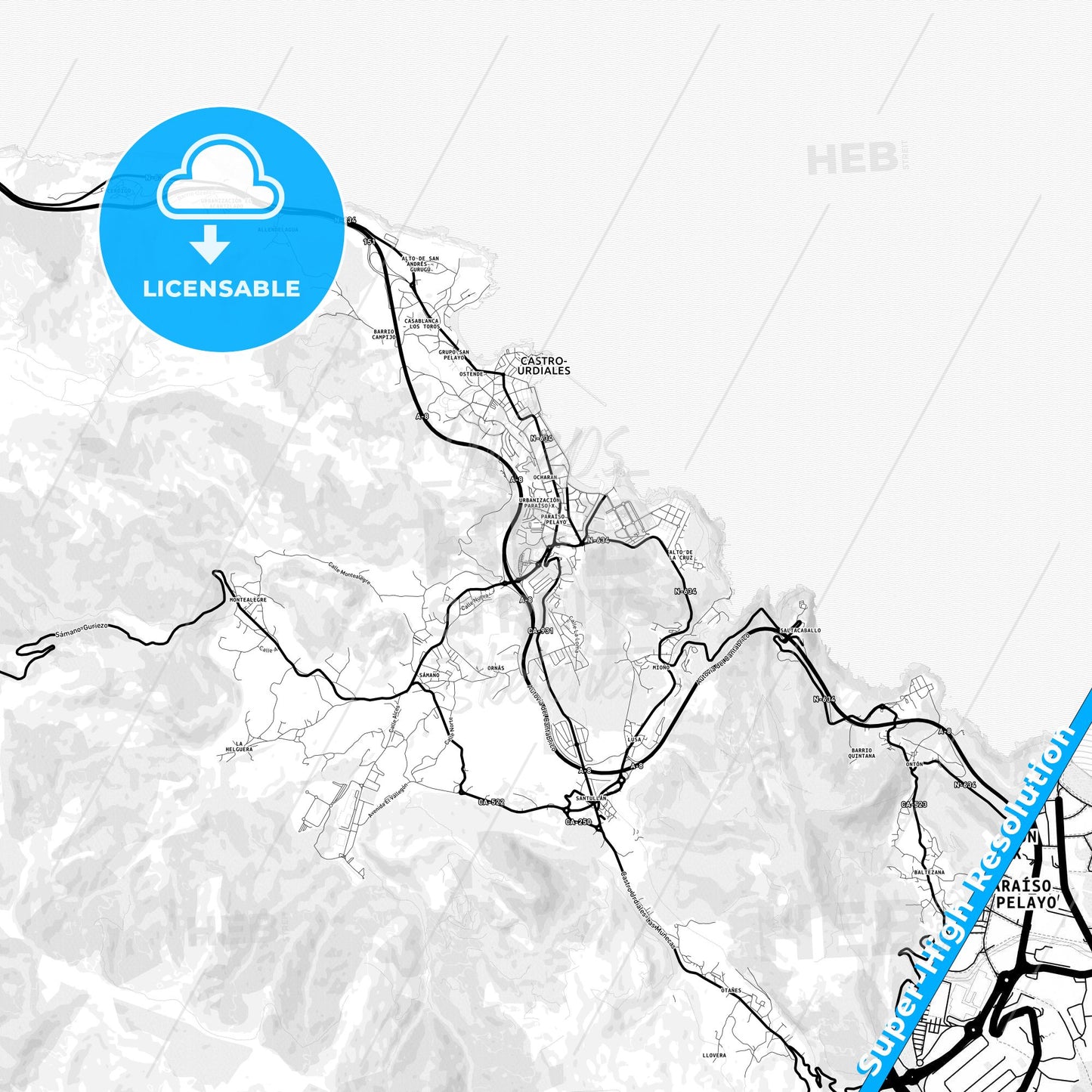 Castro-Urdiales, Spain Light Map with Street Names, City Names, and Districts