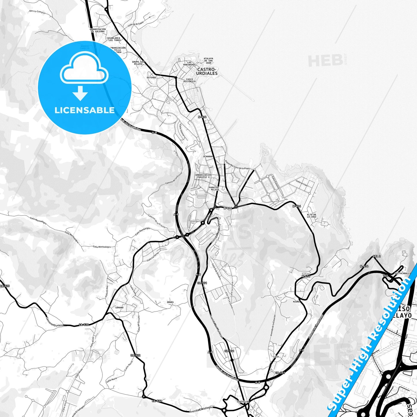 Castro-Urdiales, Spain Light Map with Street Names, City Names, and Districts