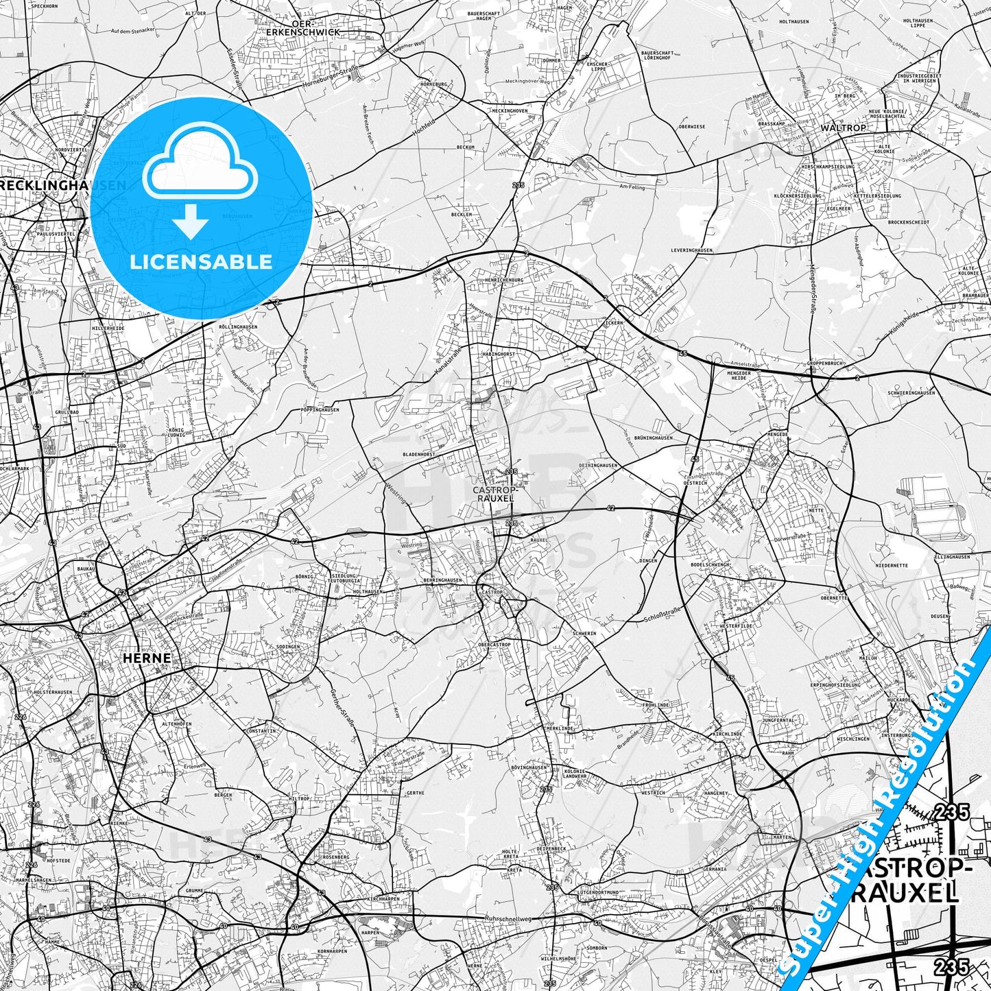 Castrop-Rauxel, Germany light map with streetnames, citynames and districts