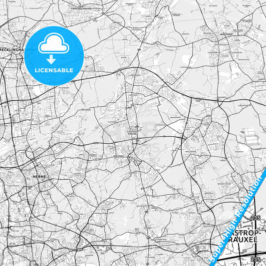 Castrop-Rauxel, Germany light map with streetnames, citynames and districts