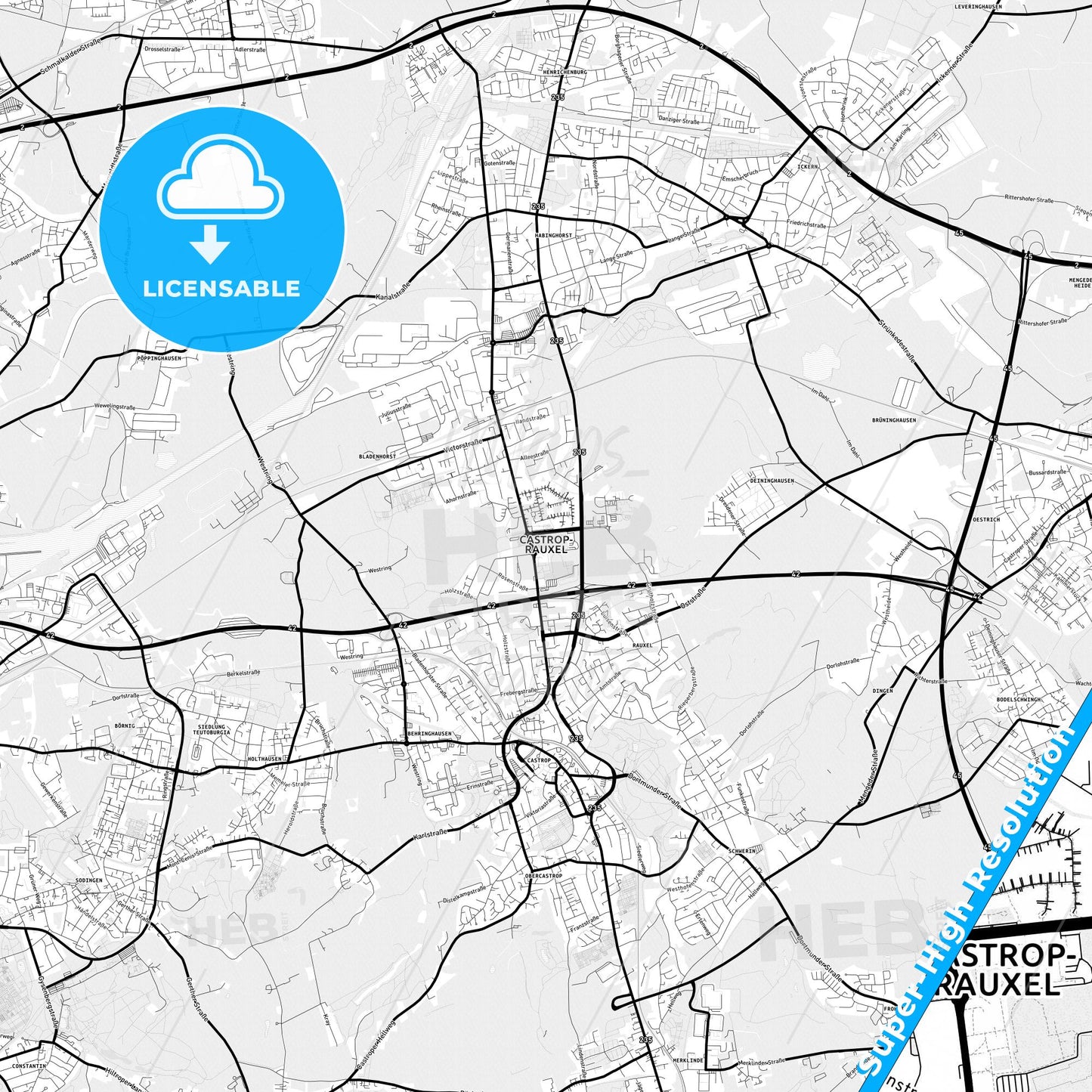 Castrop-Rauxel, Germany Light Map with Street Names, City Names, and Districts