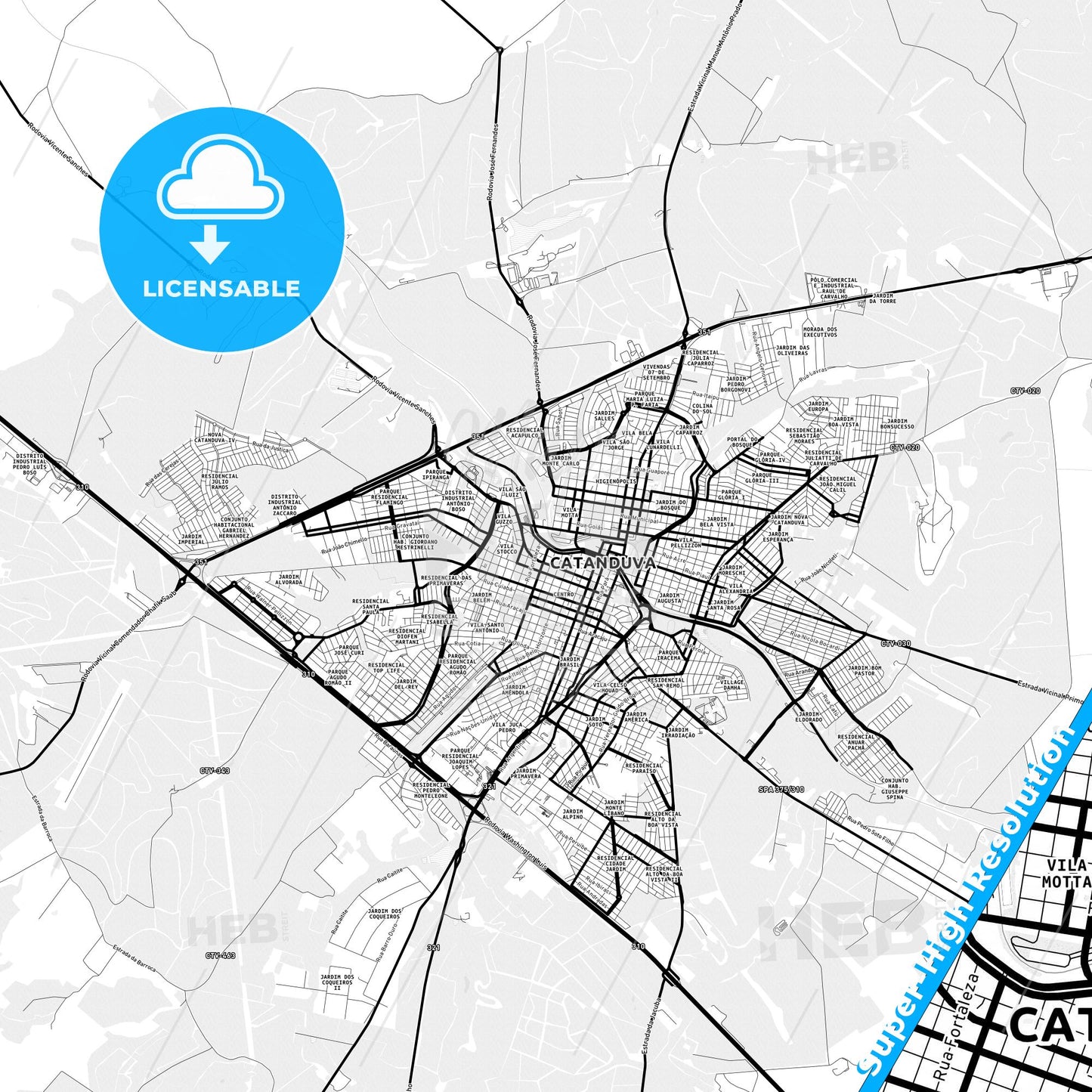 Catanduva, Brazil Light Map with Street Names, City Names, and Districts