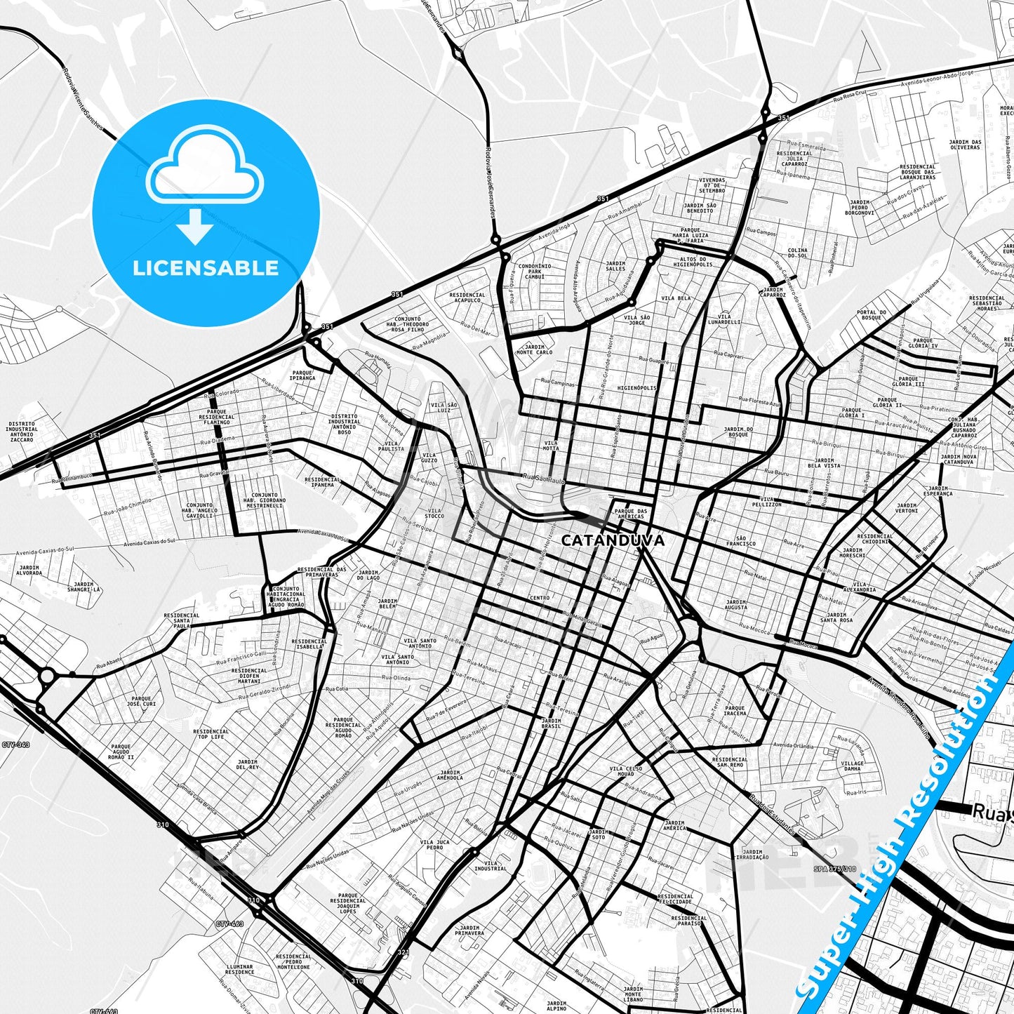Catanduva, Brazil Light Map with Street Names, City Names, and Districts