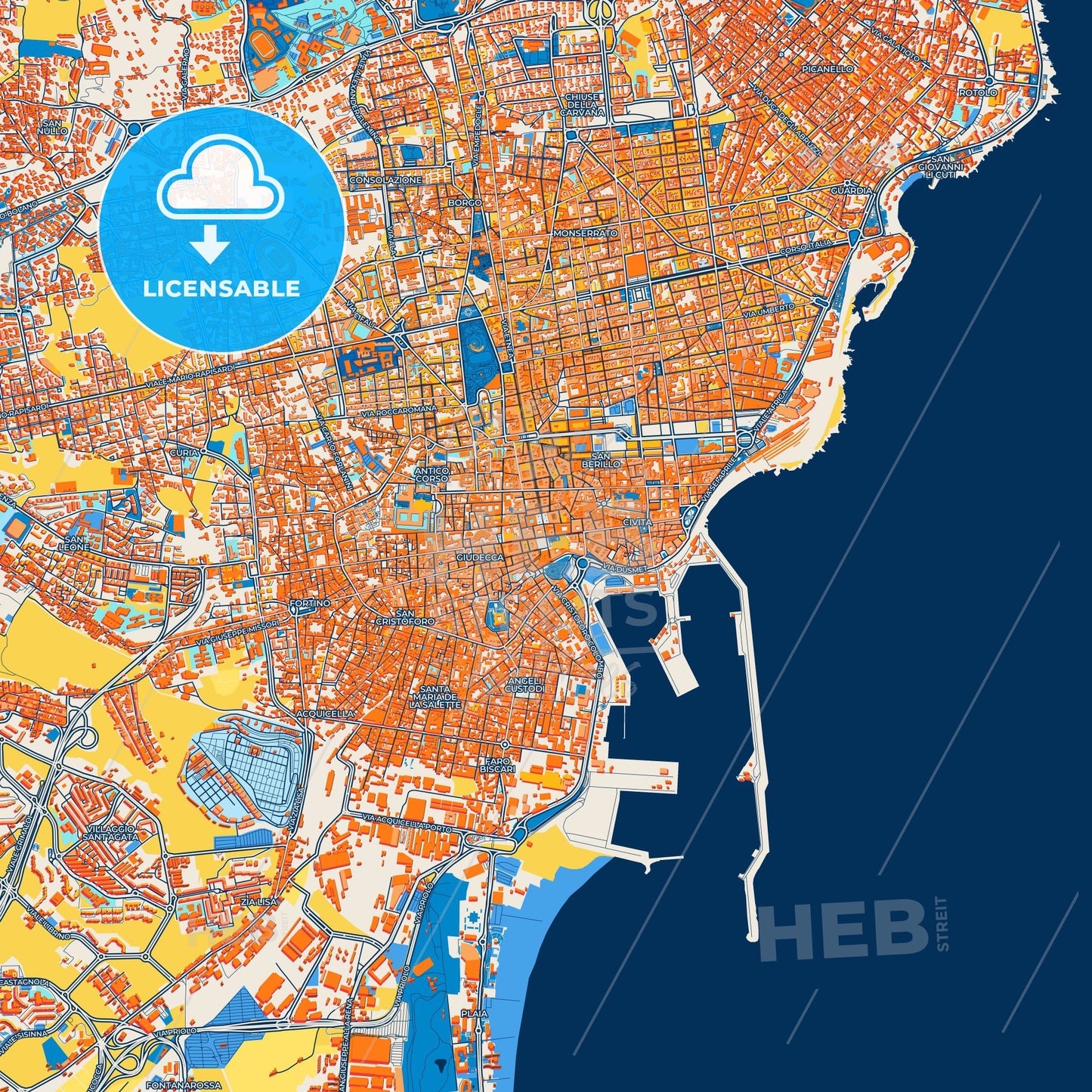 Colorful Catania Street Map with Labels and Buildings