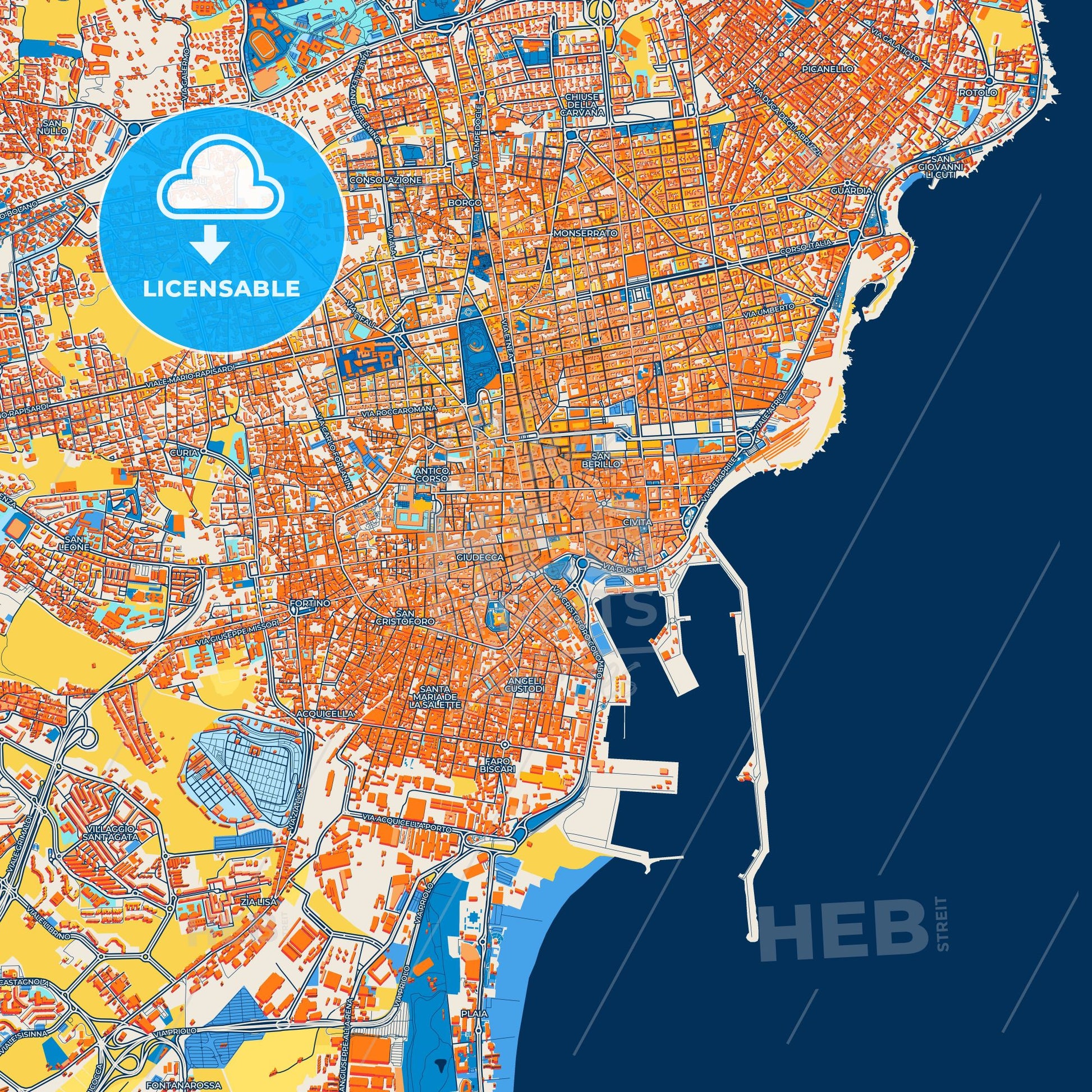 Colorful Catania Street Map with Labels and Buildings