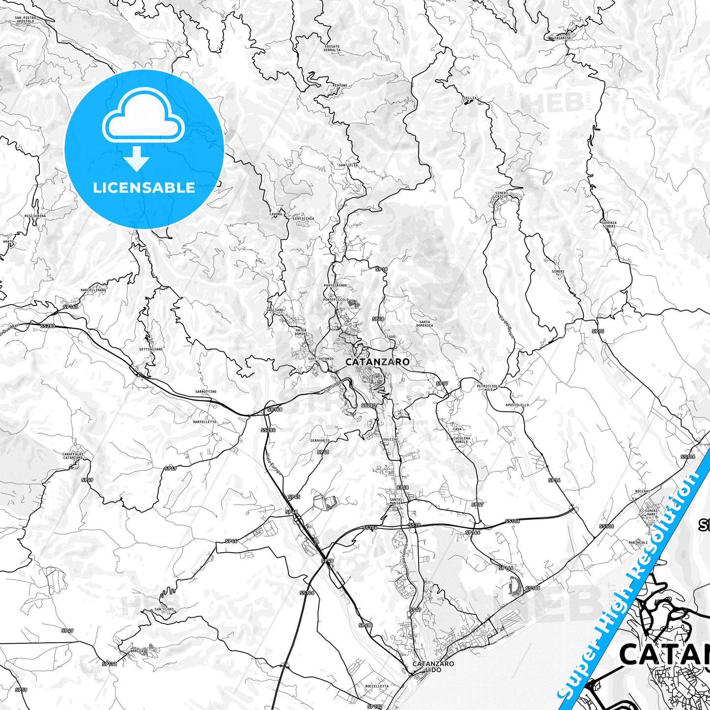 Catanzaro, Italy light map with streetnames, citynames and districts