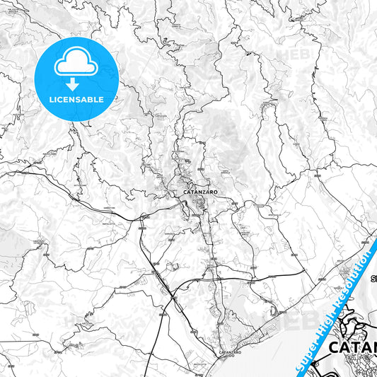 Catanzaro, Italy light map with streetnames, citynames and districts
