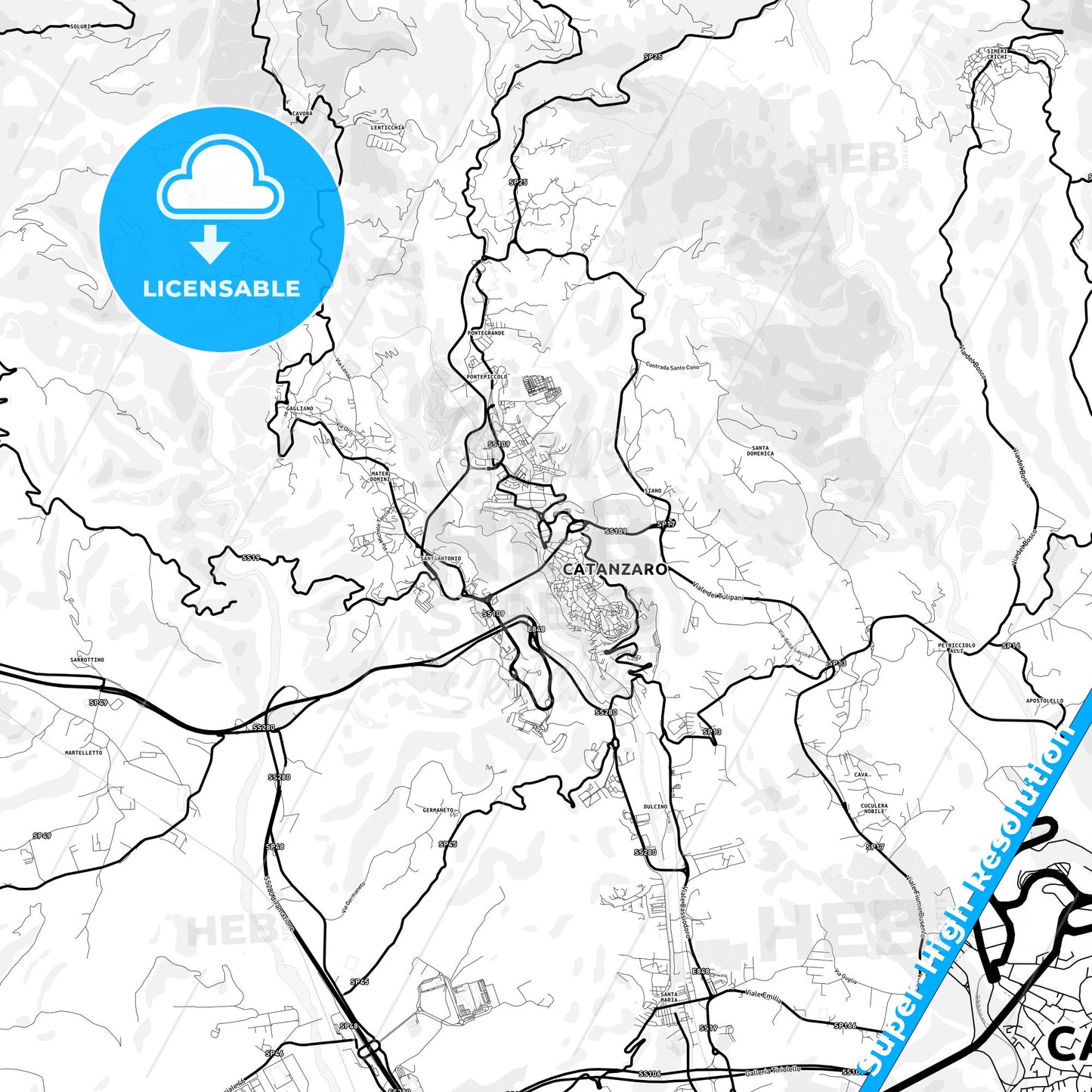 Catanzaro, Italy Light Map with Street Names, City Names, and Districts