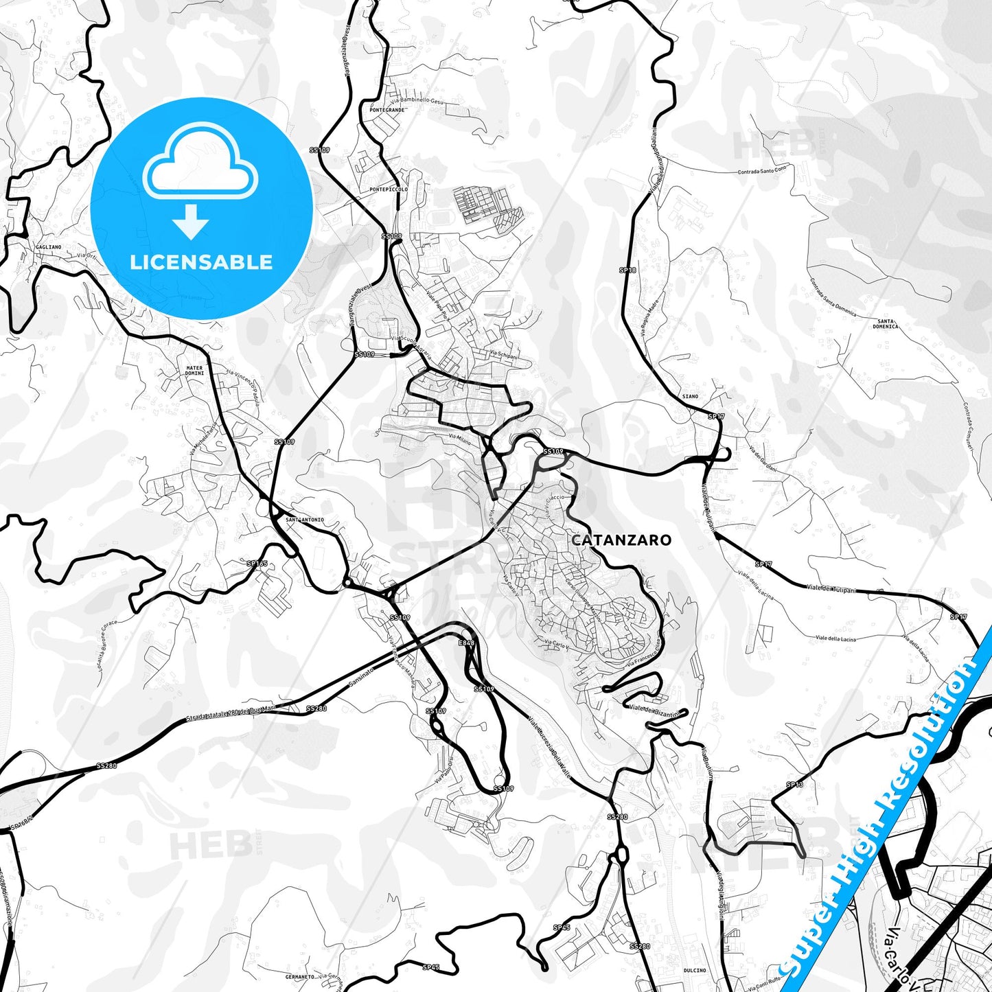 Catanzaro, Italy Light Map with Street Names, City Names, and Districts