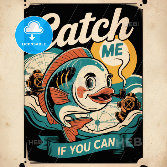 Catch Me: Vintage Nautical Cartoon Fish Poster with Retro Charm & Whimsy