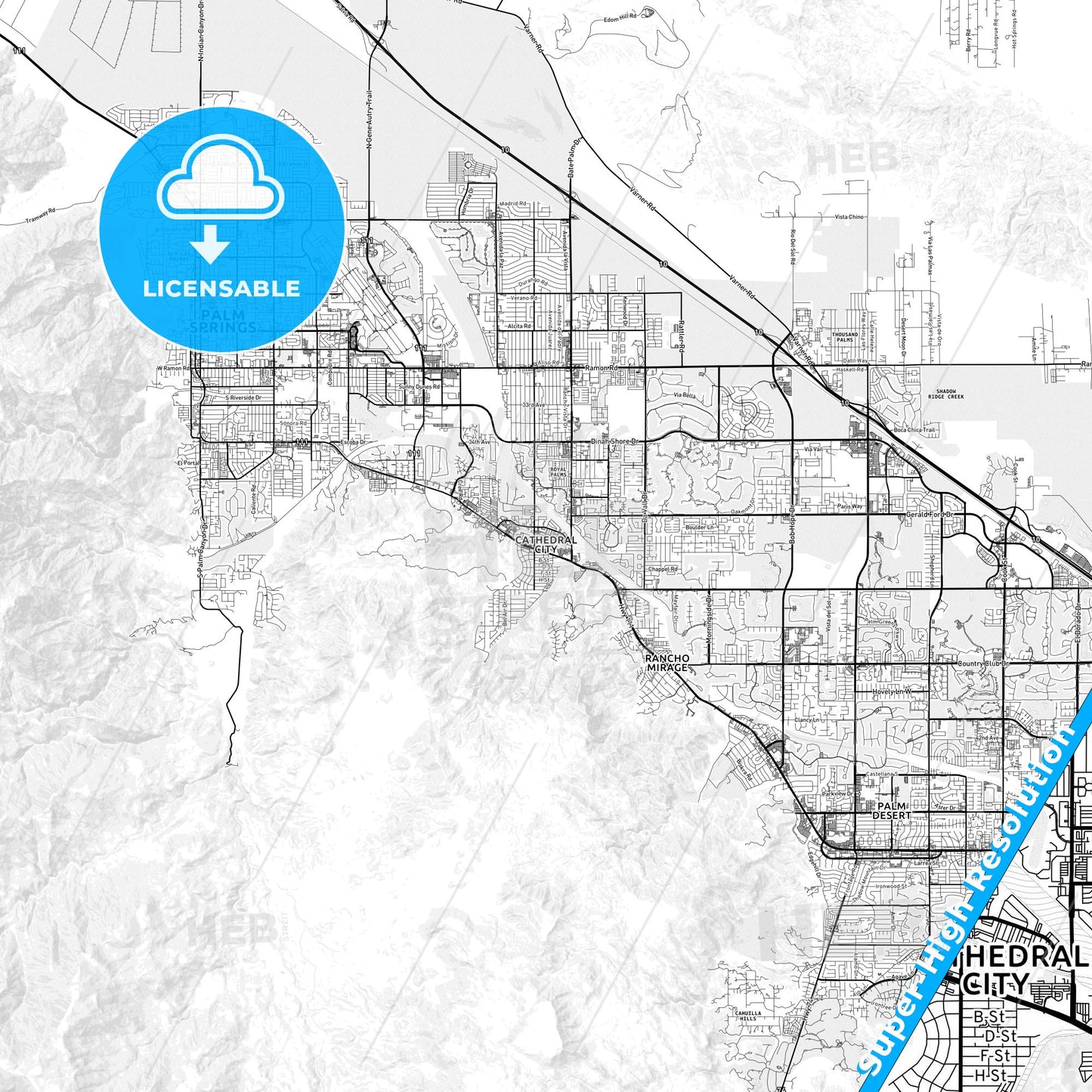 Cathedral City, California light map with streetnames, citynames and districts