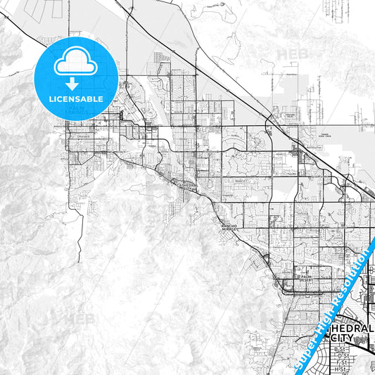 Cathedral City, California light map with streetnames, citynames and districts