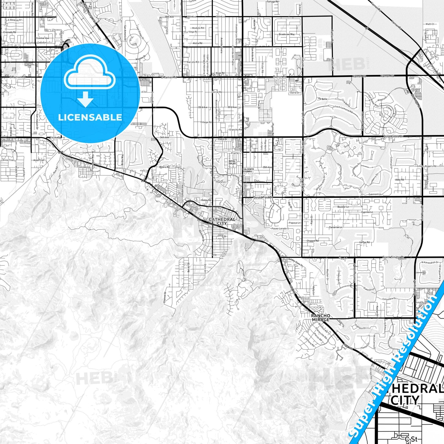 Cathedral City, California Light Map with Street Names, City Names, and Districts