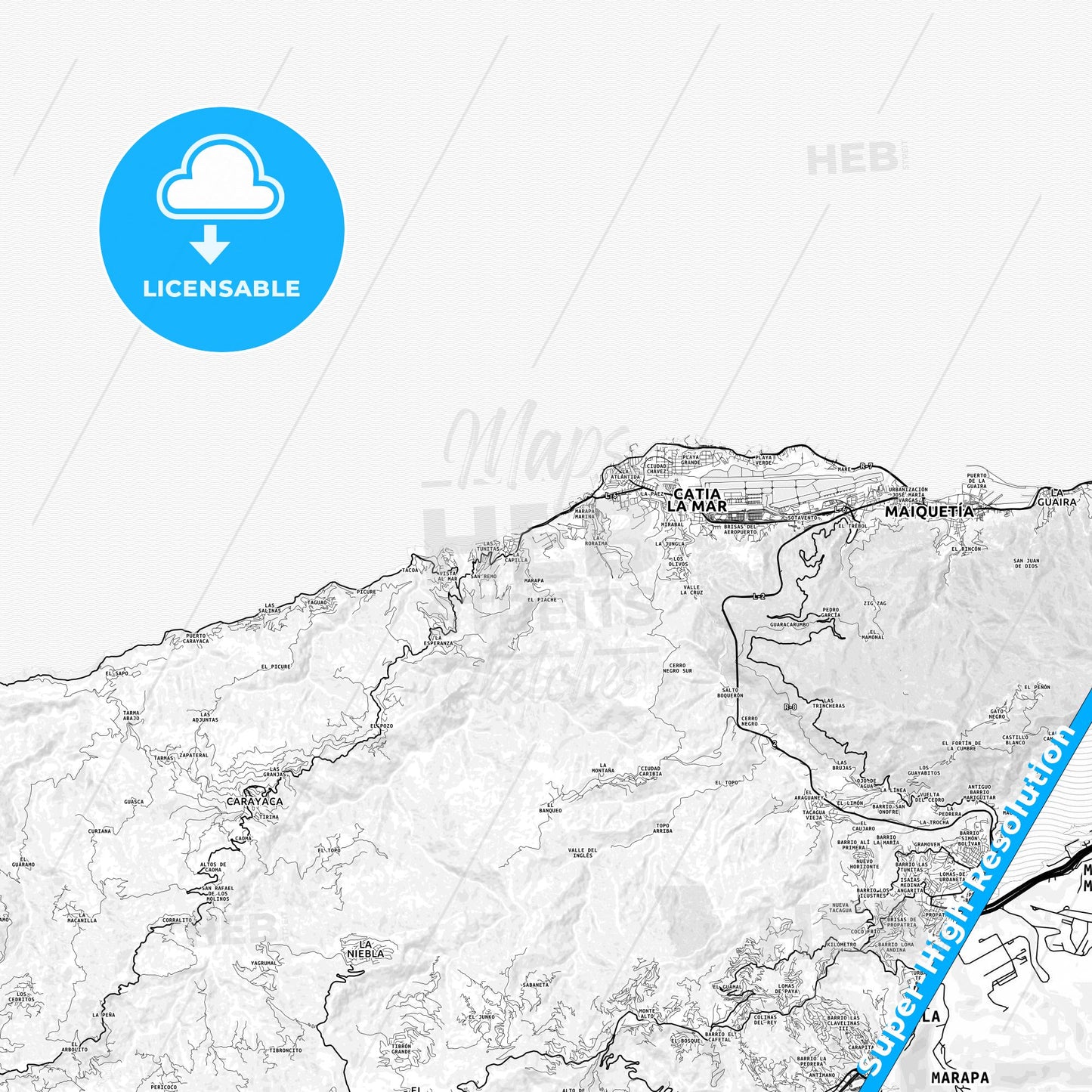 Catia La Mar, Venezuela light map with streetnames, citynames and districts