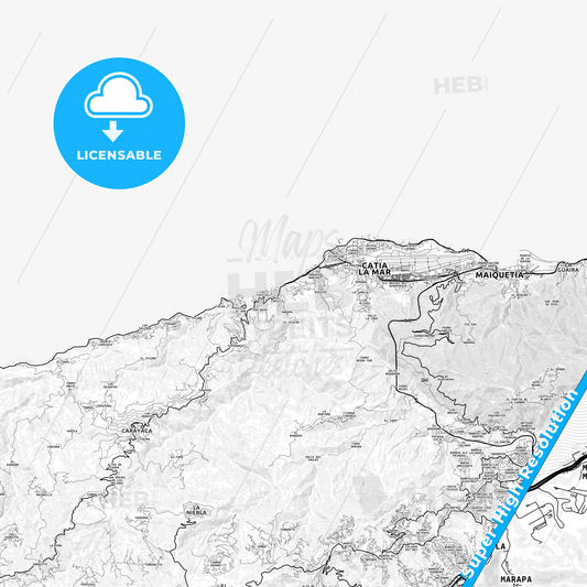 Catia La Mar, Venezuela light map with streetnames, citynames and districts