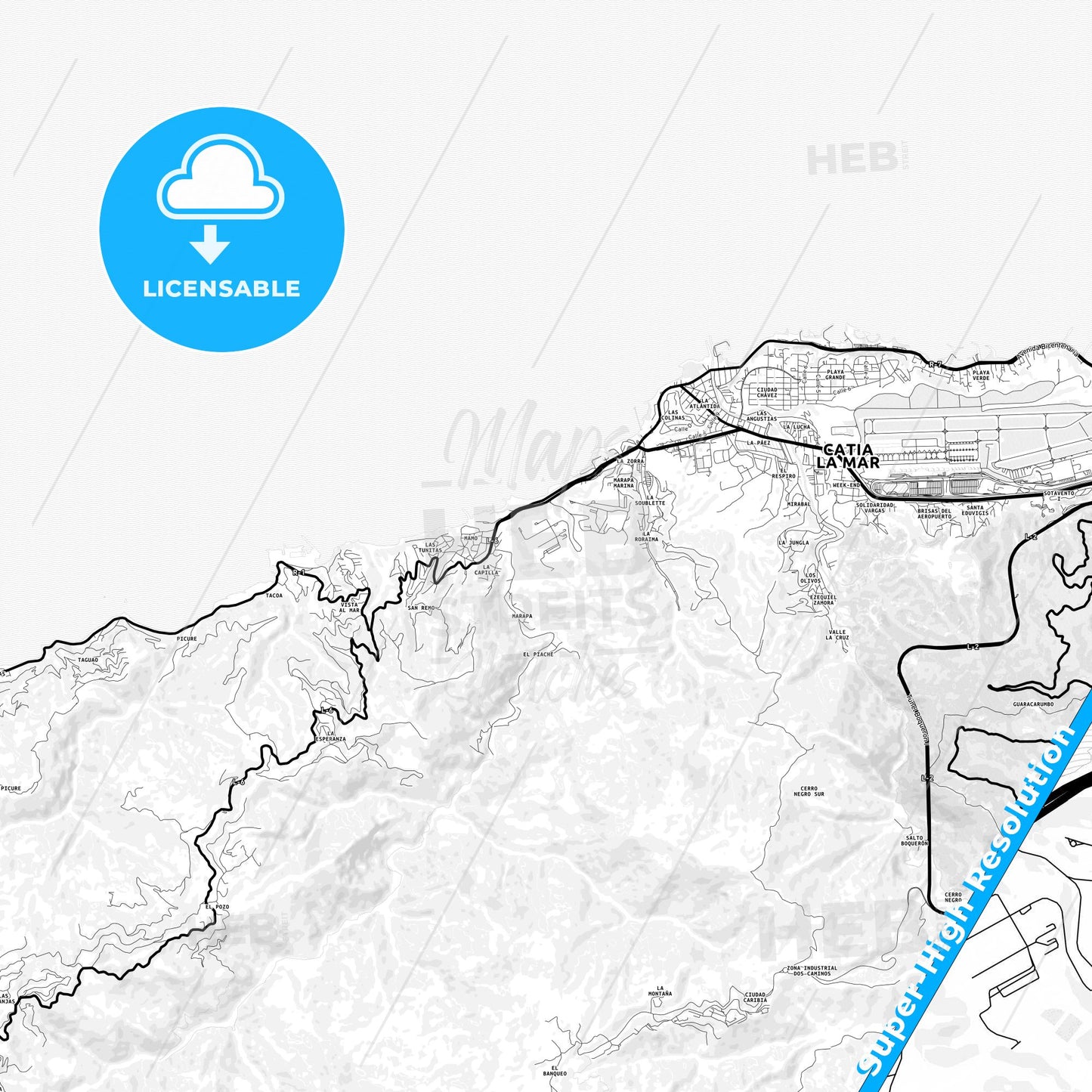 Catia La Mar, Venezuela Light Map with Street Names, City Names, and Districts