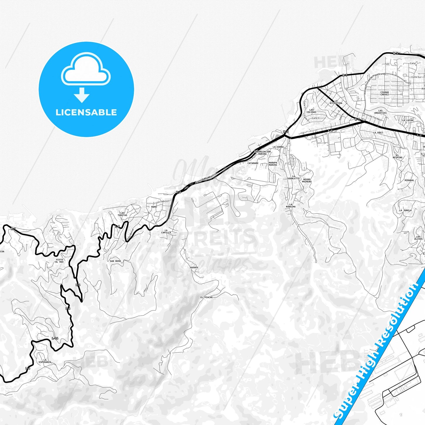 Catia La Mar, Venezuela Light Map with Street Names, City Names, and Districts