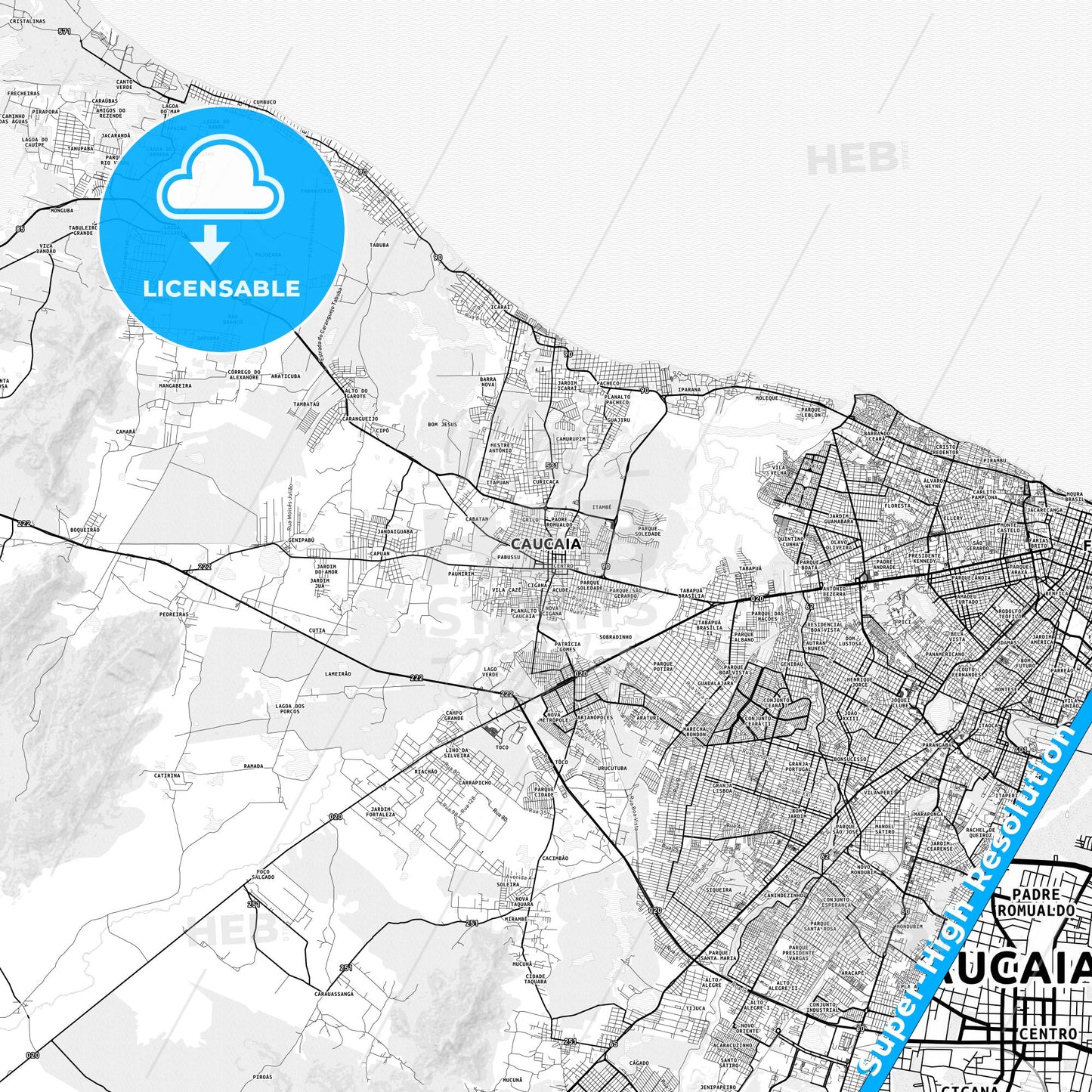 Caucaia, Brazil light map with streetnames, citynames and districts