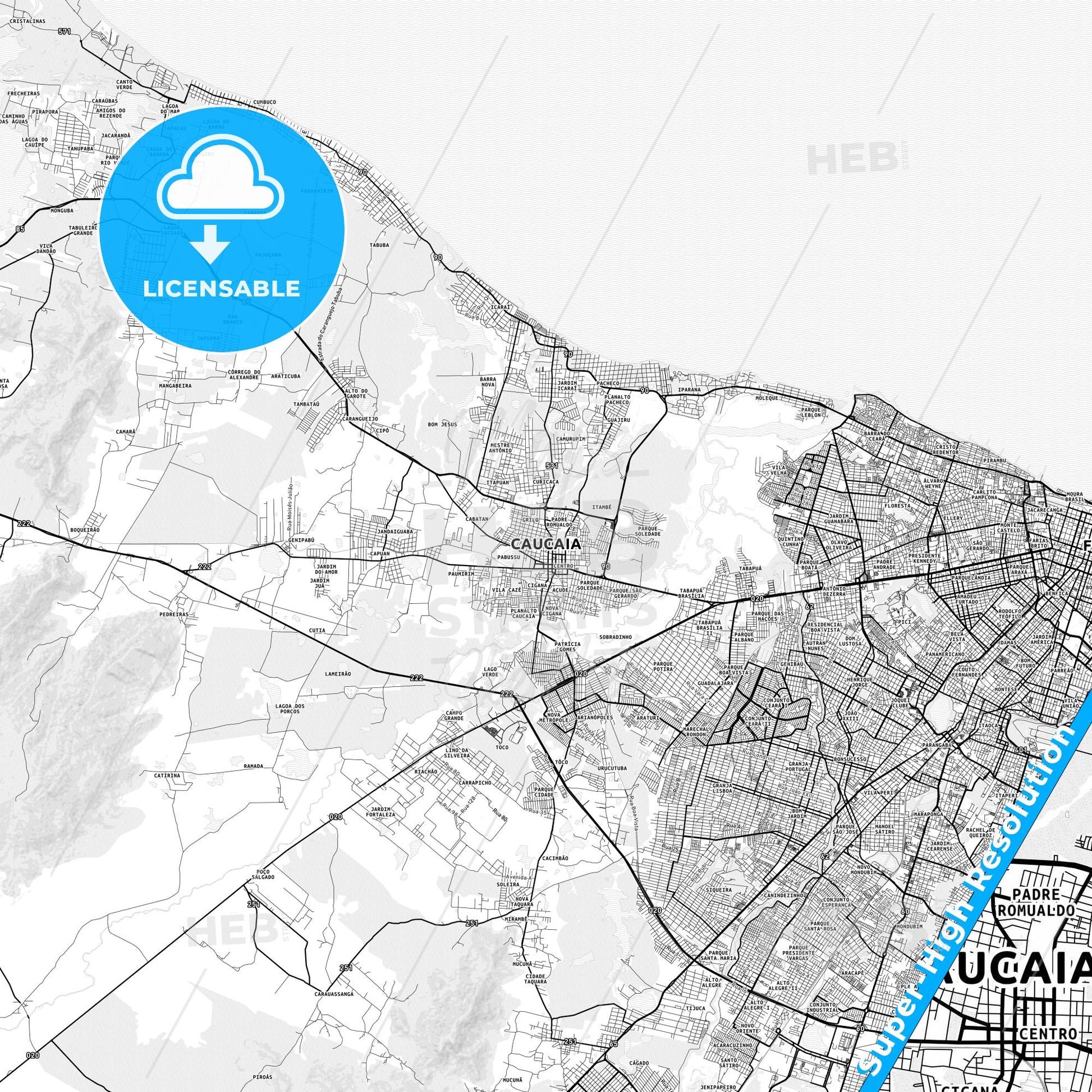 Caucaia, Brazil light map with streetnames, citynames and districts