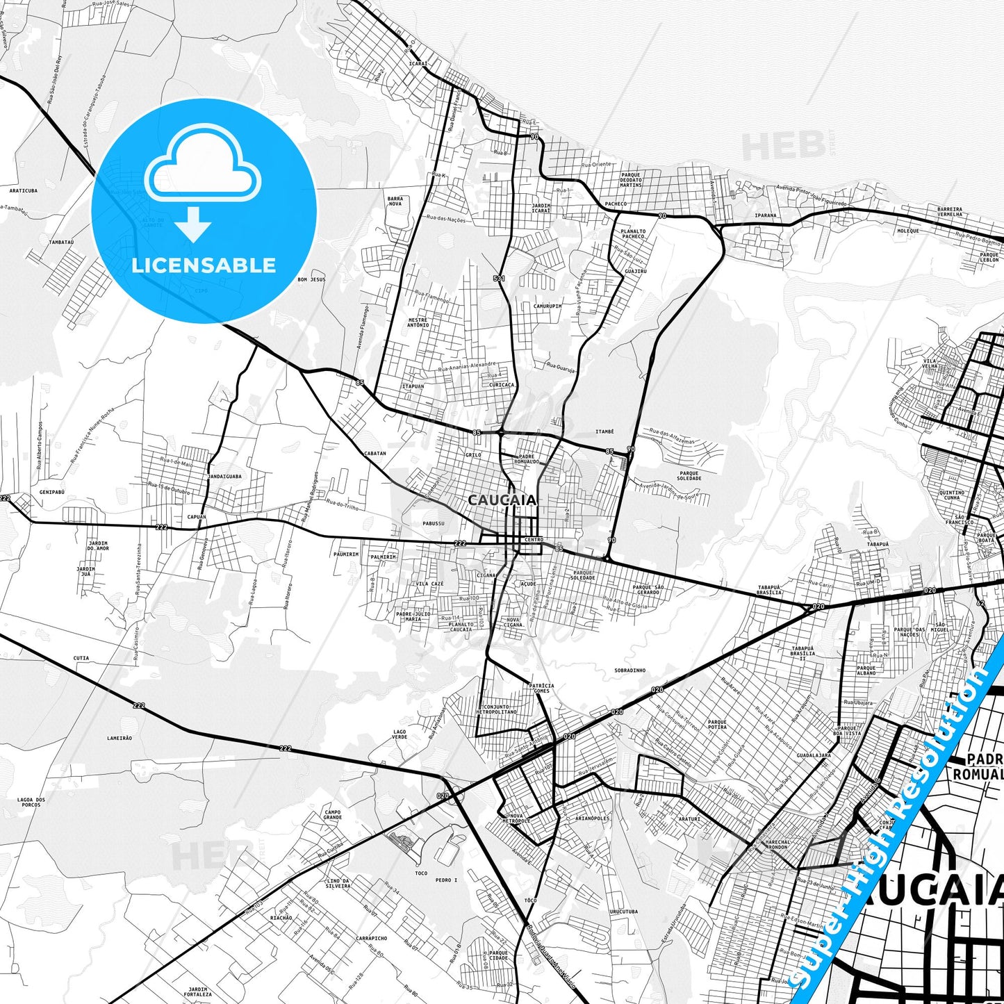 Caucaia, Brazil Light Map with Street Names, City Names, and Districts