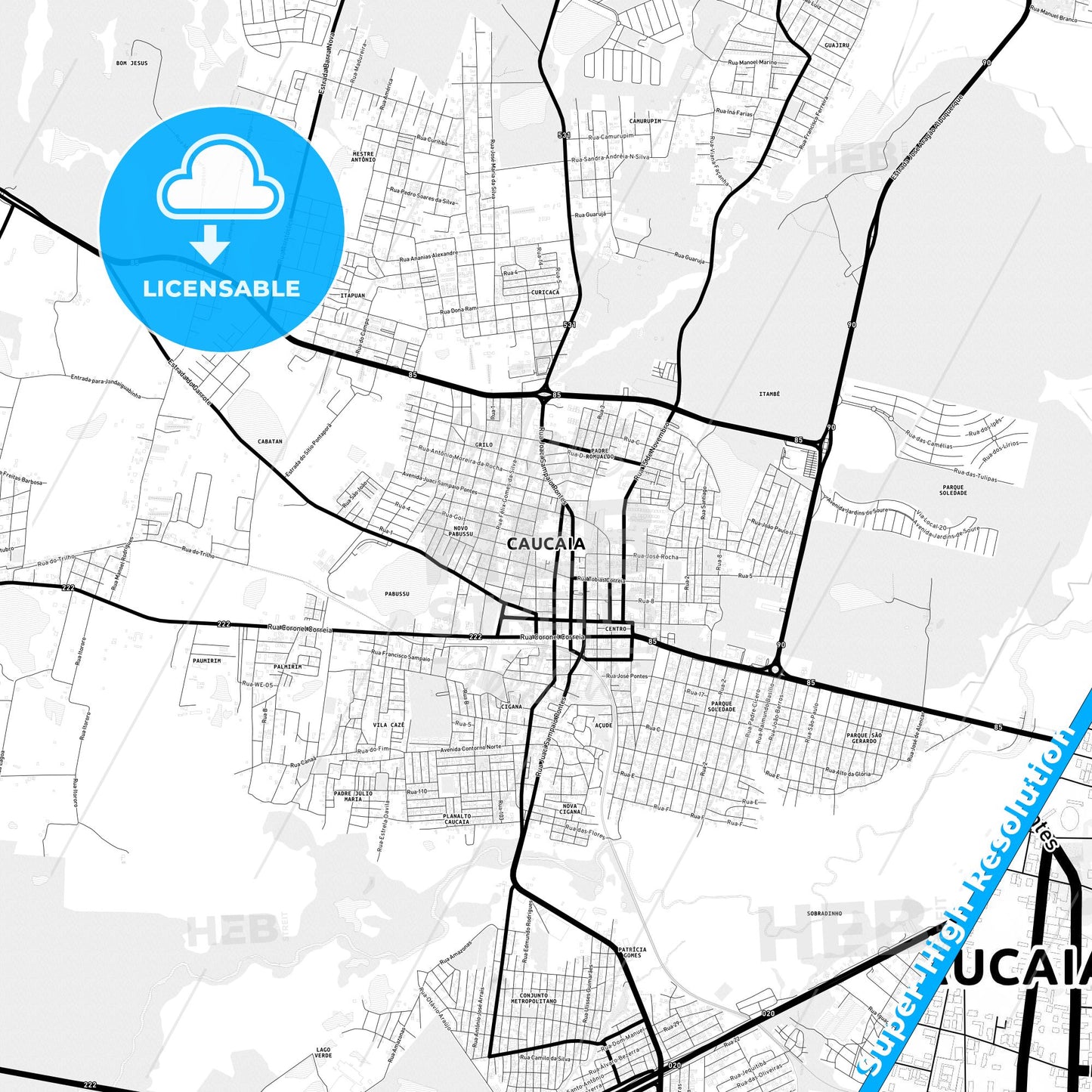 Caucaia, Brazil Light Map with Street Names, City Names, and Districts