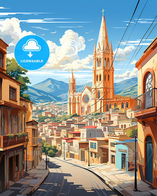 Vibrant Cityscape Painting of Caucaia Brazil Skyline Featuring Church and Mountains