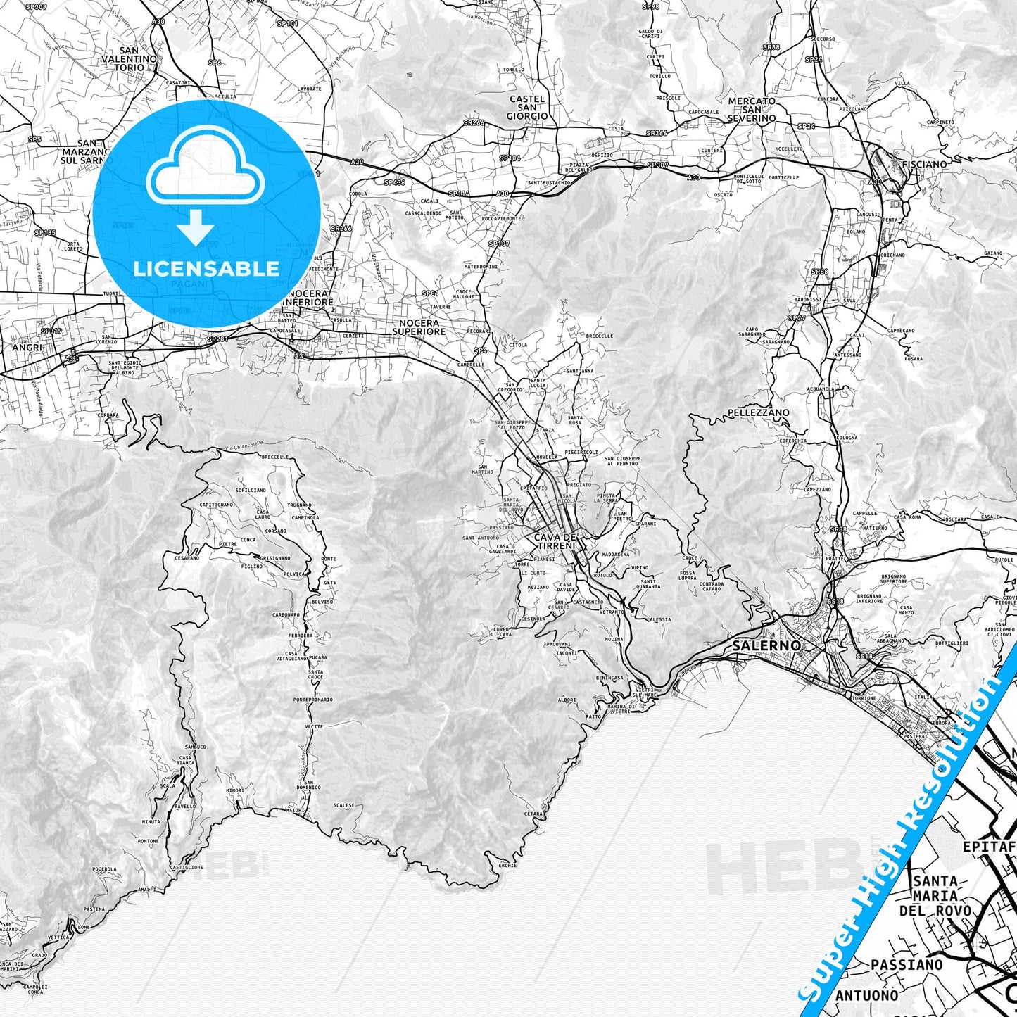Cava de Tirreni, Italy light map with streetnames, citynames and districts
