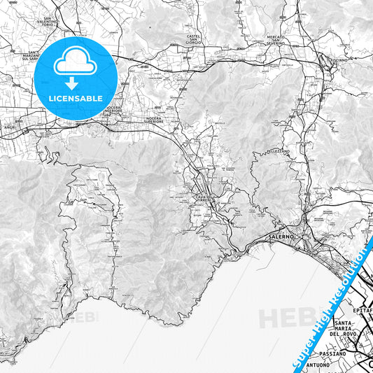 Cava de Tirreni, Italy light map with streetnames, citynames and districts