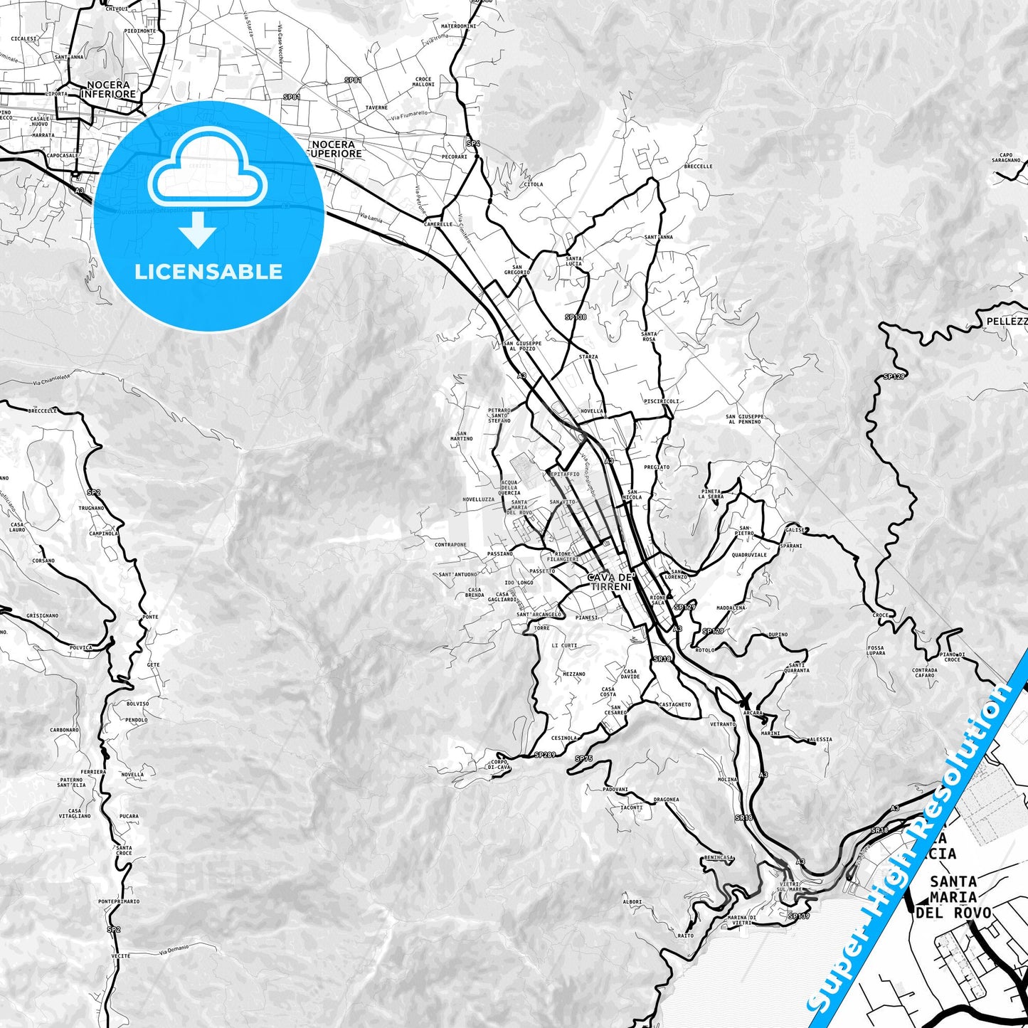 Cava de Tirreni, Italy Light Map with Street Names, City Names, and Districts